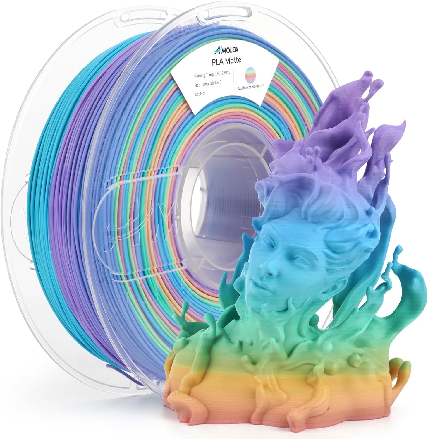 Amolen PLA Matte Rainbow filament 1.75mm, with a 3D printed figure showcasing the color gradient and matte texture.