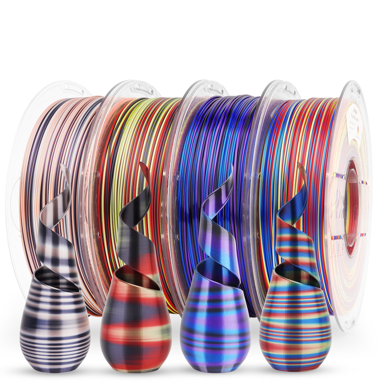 Amolen PLA Silk S-Series filament variety pack showcasing multicolor 3D printing filament and prints.