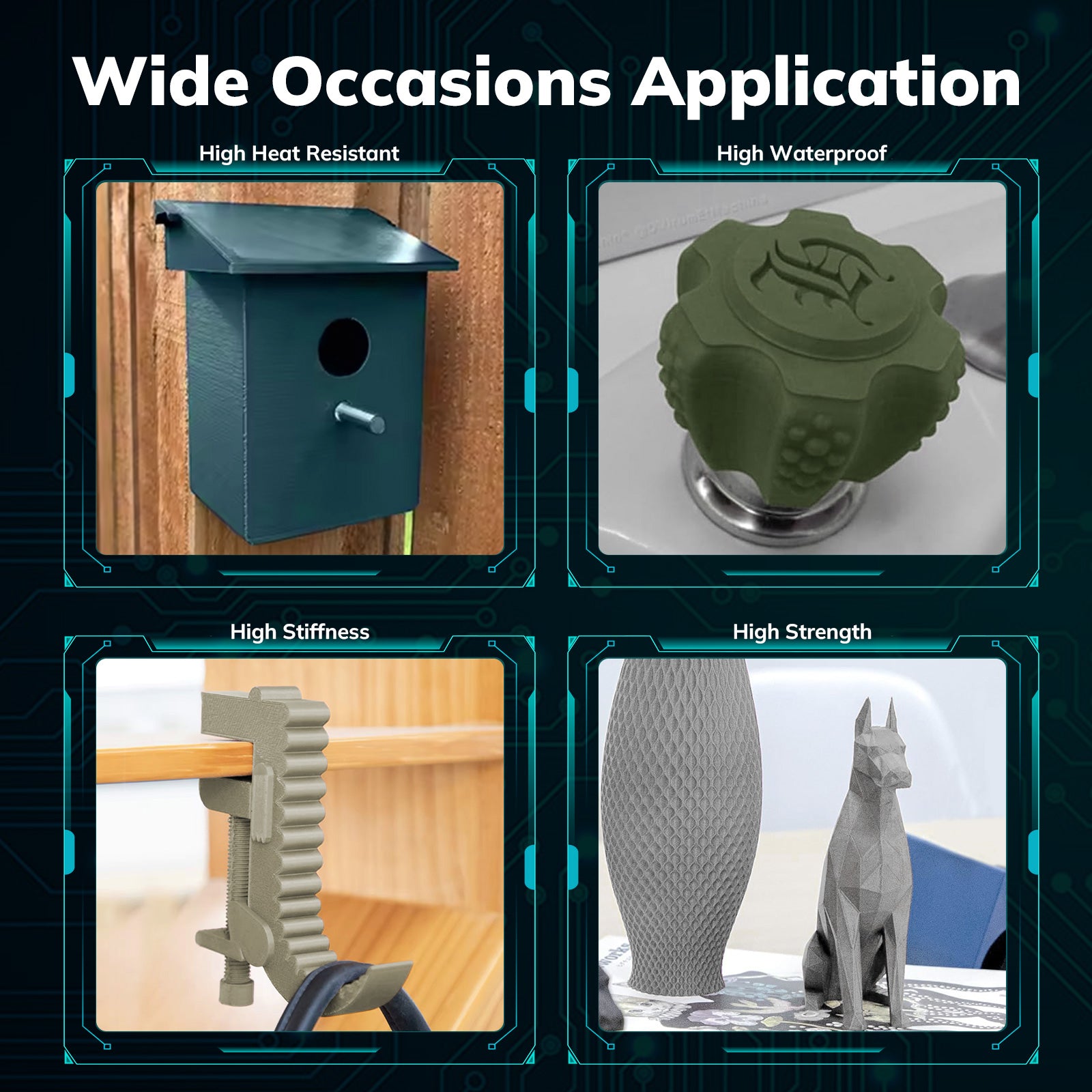 3D Printing applications showcasing high heat resistance, waterproof, stiffness and strength.