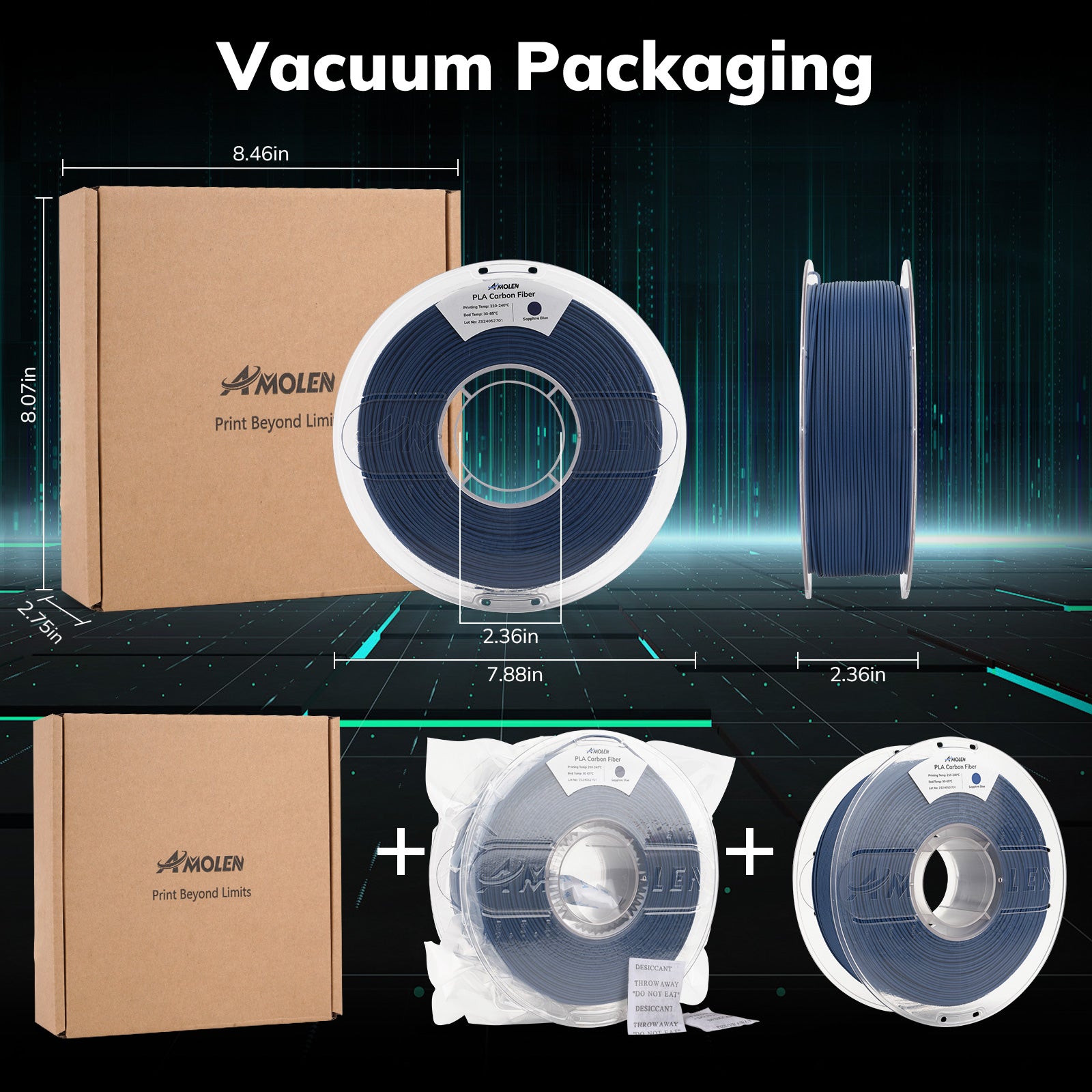AMOLEN PLA Carbon Fiber filament, Sapphire Blue, vacuum packaging, 3D printing material, with dimensions