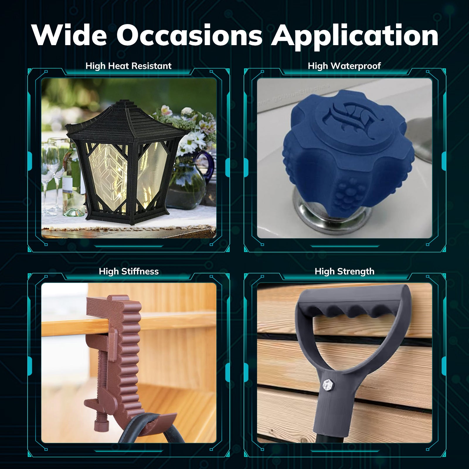 3D printed items: heat resistant lantern, waterproof knob, high stiffness clamp, and strong handle for various applications.