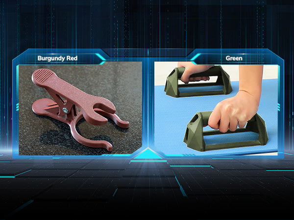 3D printed objects in burgundy red and green colors, showcasing application examples.