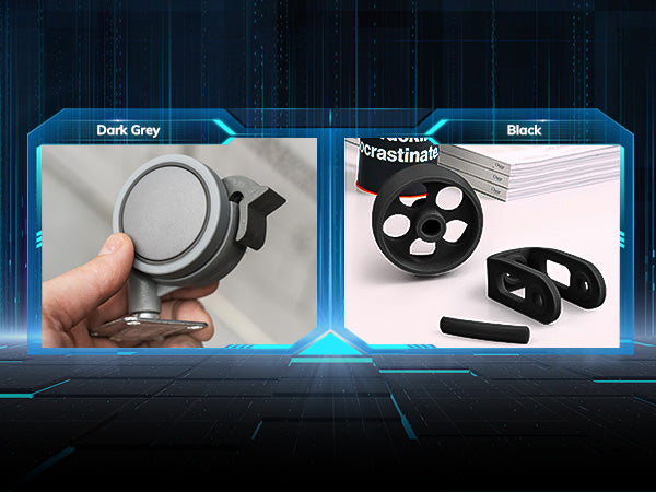 Amolen PLA Carbon Fiber 3D printed parts in dark grey and black, demonstrating applications. Wheel and bracket examples.