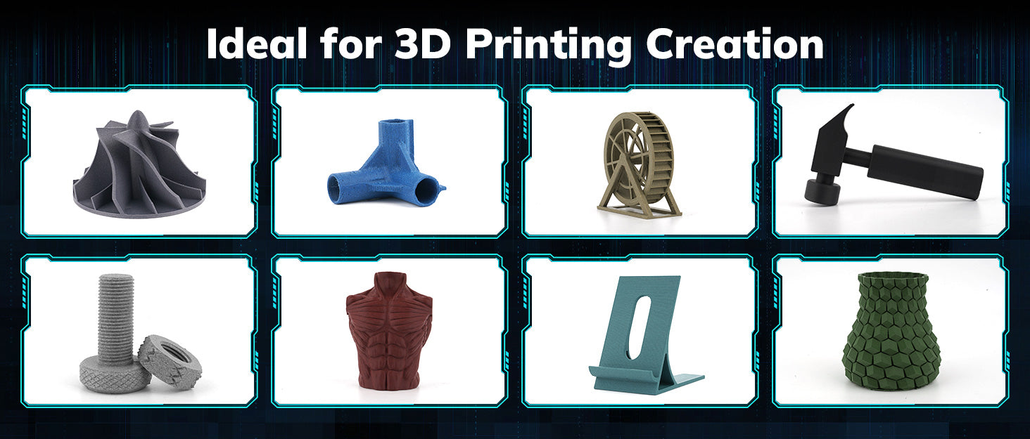 3D printed objects: fan blade, joint, water wheel, hammer, bolt, bust, phone stand, and vase. Ideal for 3D printing creation.