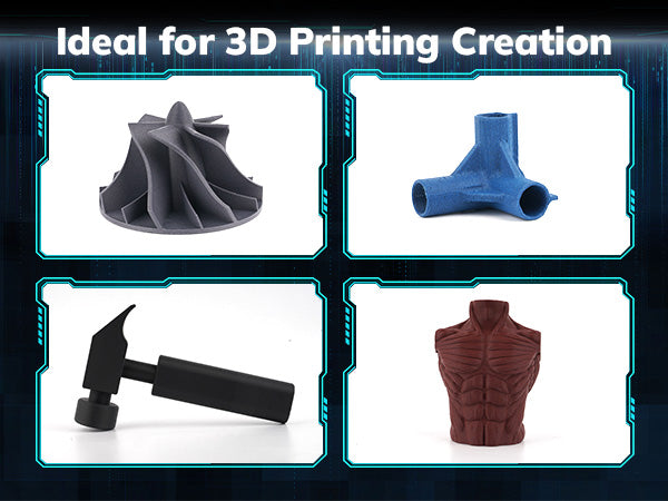 Amolen PLA Carbon Fiber 3D printed creations: fan blade, joint, hammer, and torso model, ideal for 3D printing.