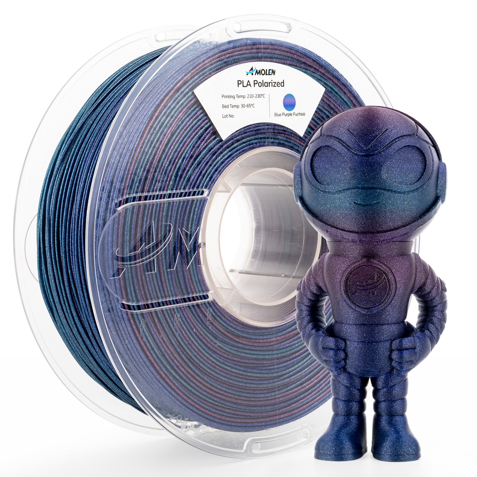 Amolen PLA Polarized filament with Blue Purple Fuchsia color and a 3D-printed figurine