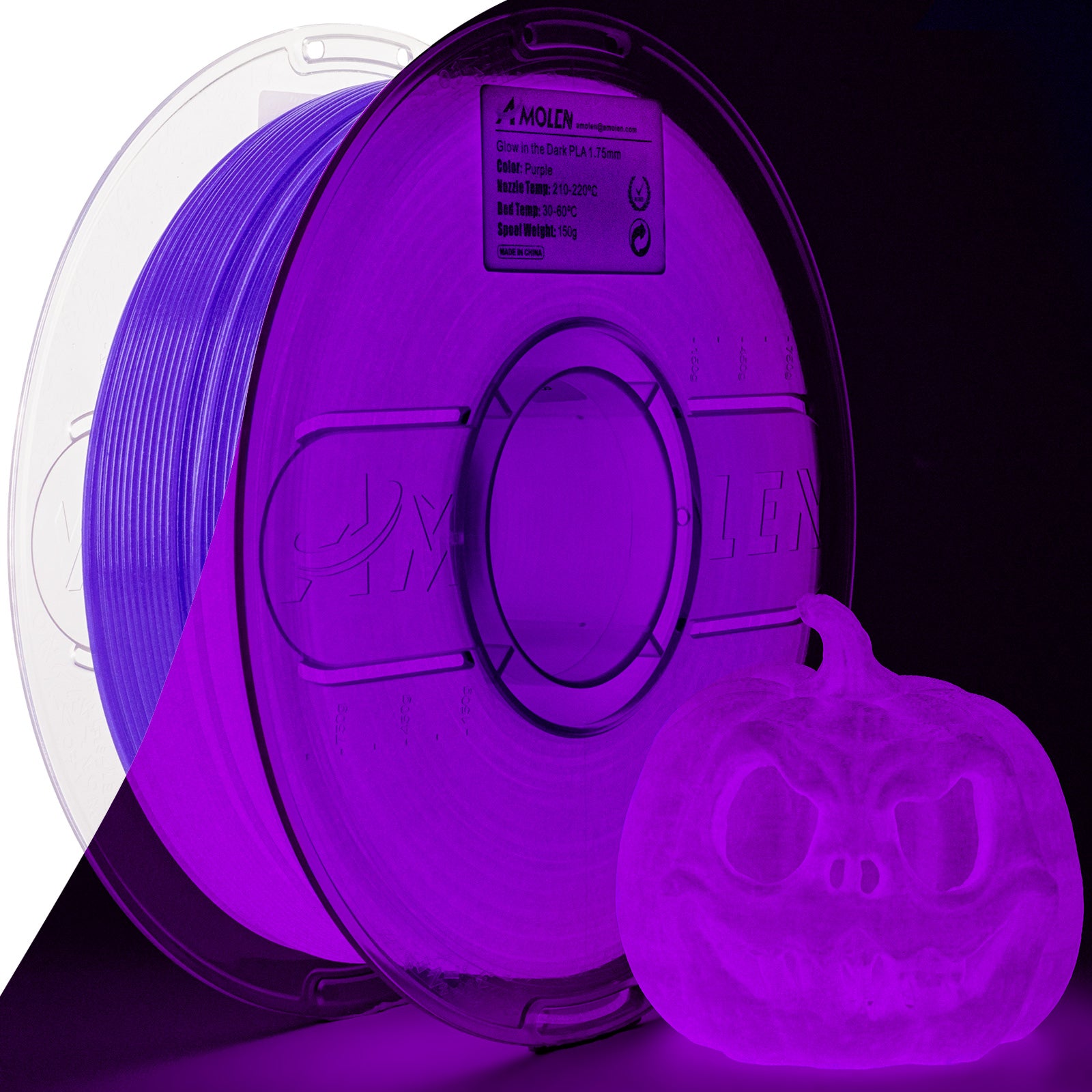 Amolen Glow-in-the-Dark PLA purple filament 1.75mm with glowing pumpkin model, ideal for 3D printing Halloween projects.