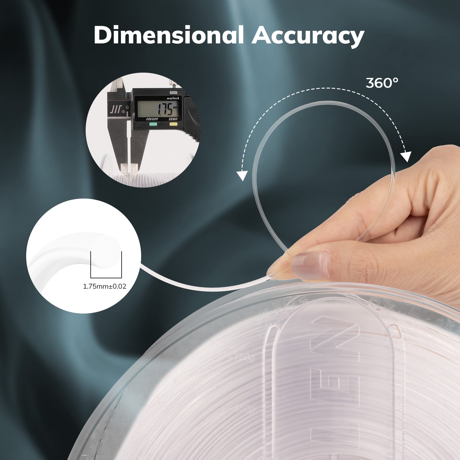 Amolen PETG 1.75mm filament dimensional accuracy test, caliper measuring for 3D printing, 360° view.