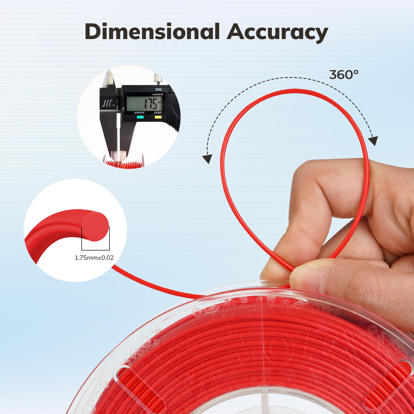 Amolen PLA 1.75mm filament dimensional accuracy, red color, 3D printing material