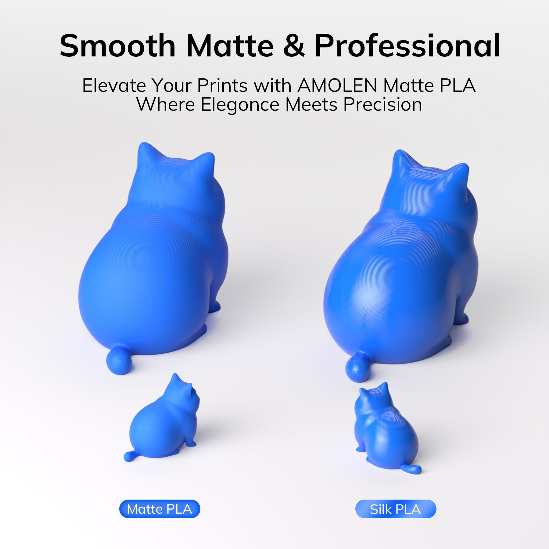 Amolen Matte PLA vs Silk PLA - 3D printed cat models with different finishes, highlighting the smooth matte surface