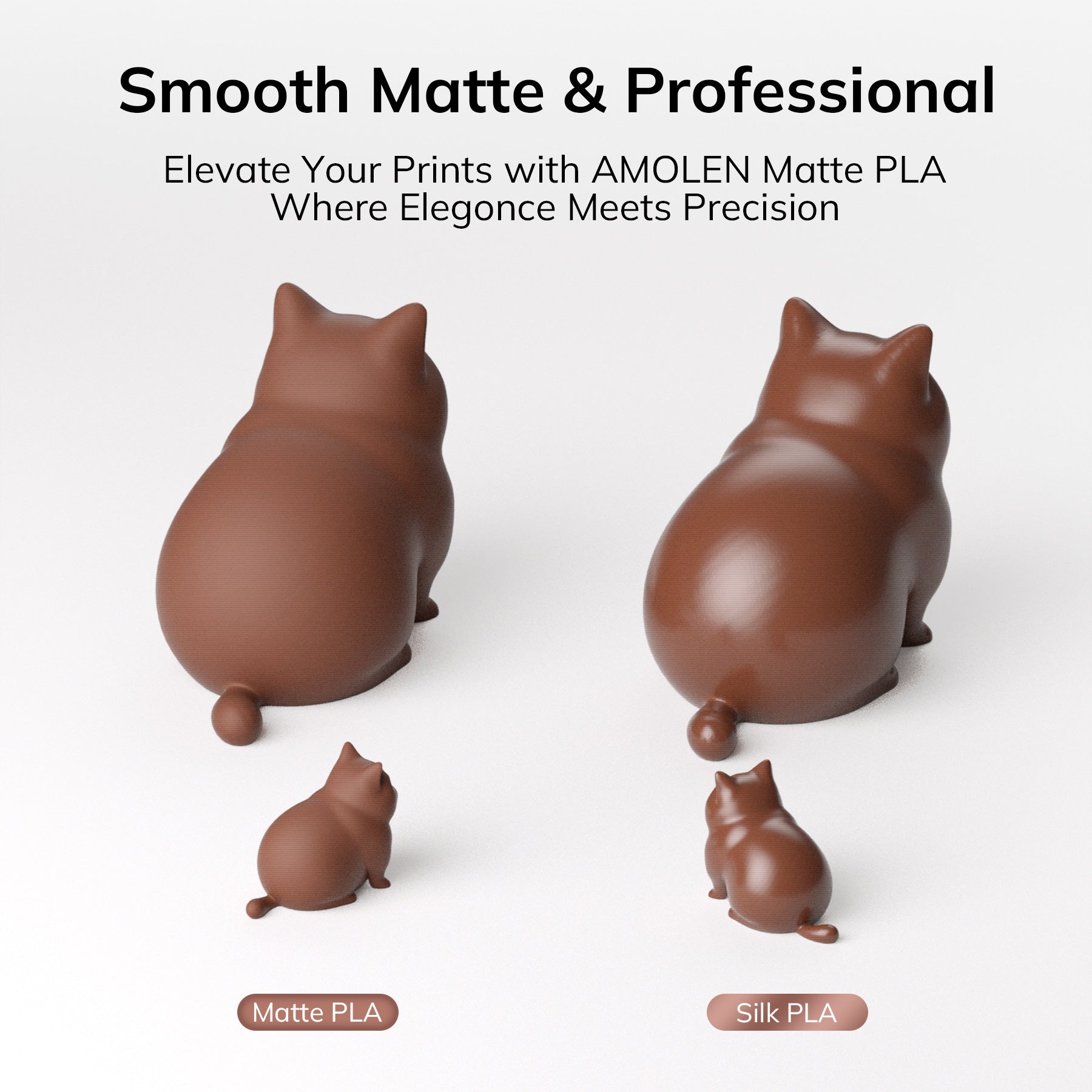Amolen Matte PLA vs Silk PLA 3D prints, showcasing frosted matte surface and smooth glossy finish in brown color