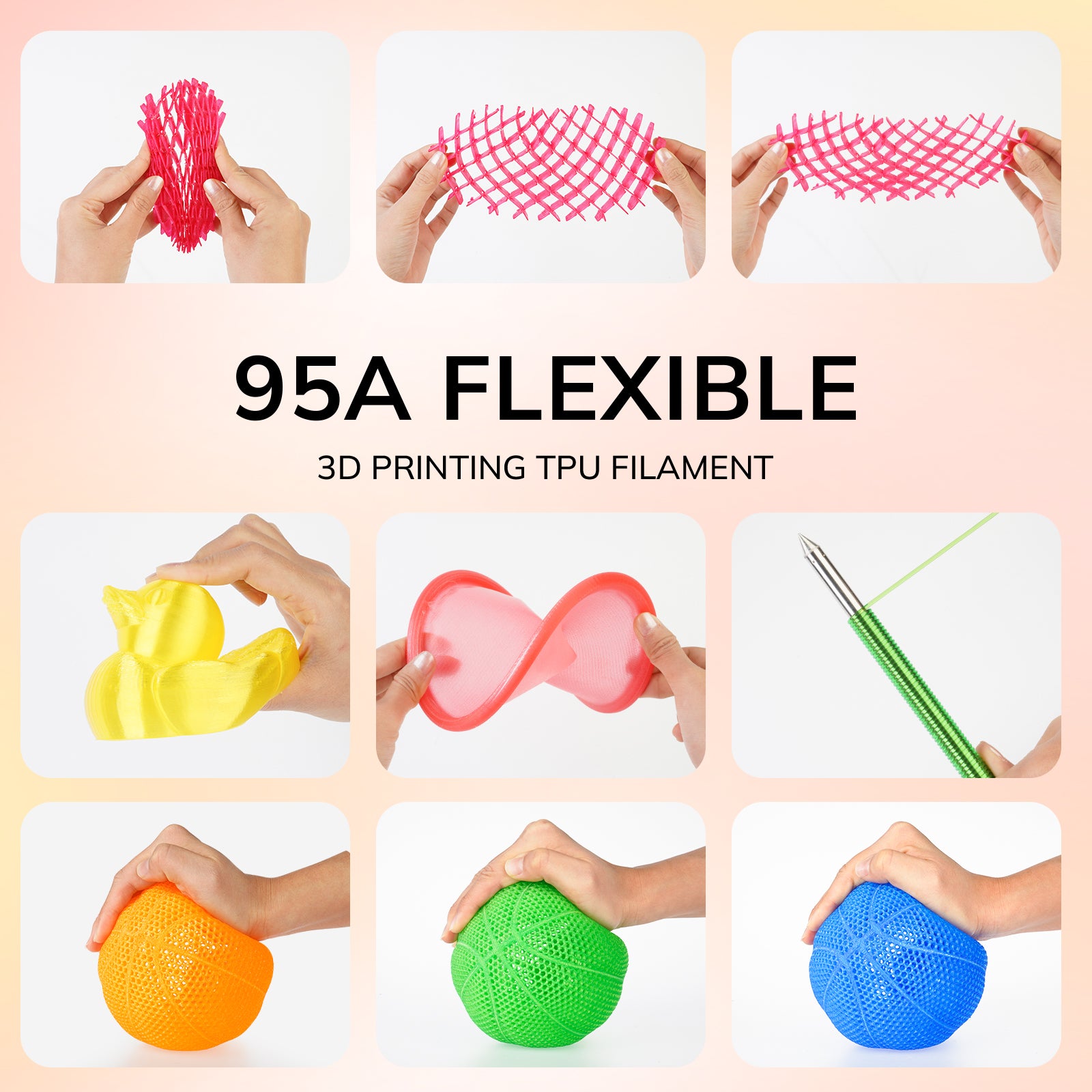 95A Flexible TPU Filament examples: showcasing elasticity and 3D printing capabilities in various colors and shapes.