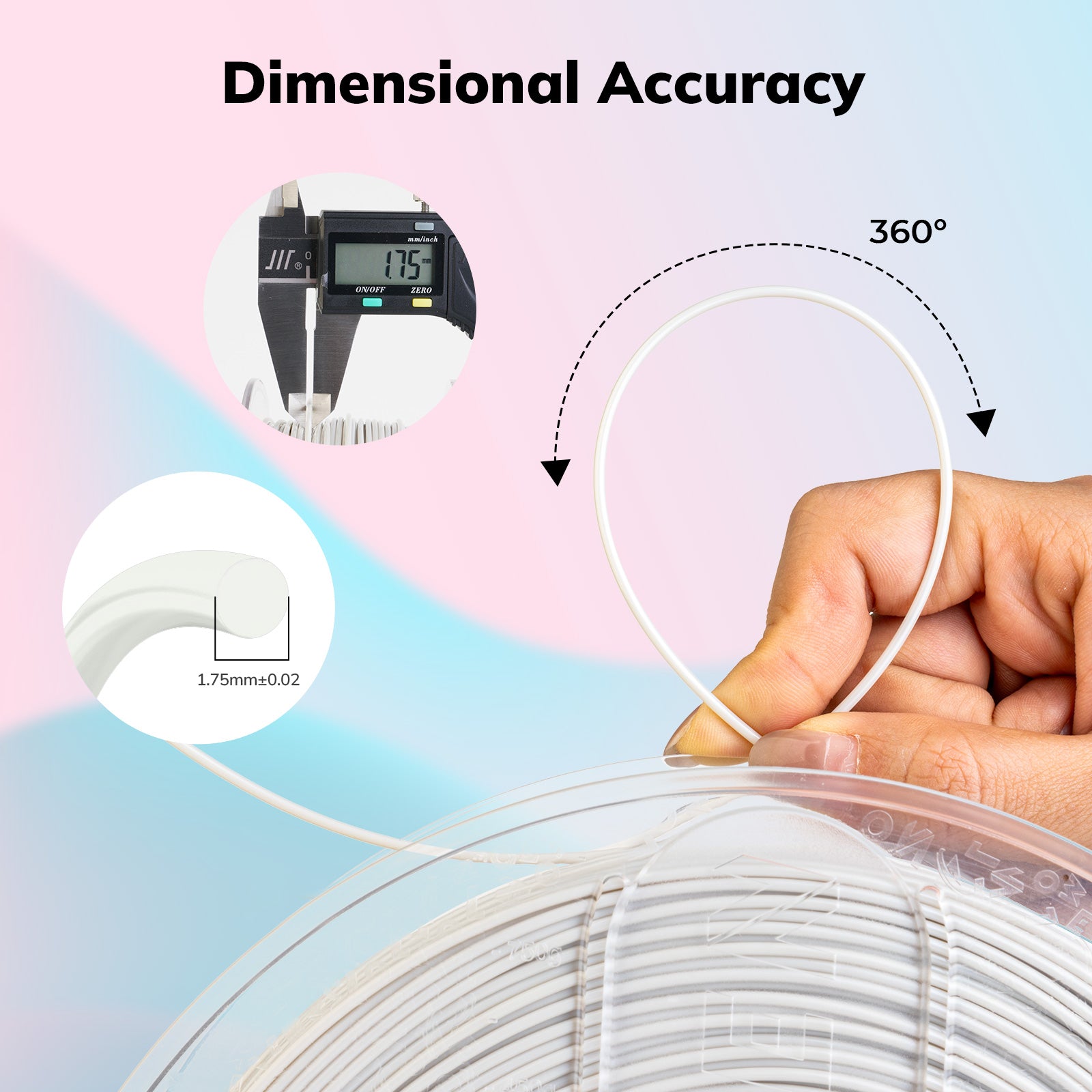 Amolen PETG 1.75mm filament dimensional accuracy tested with a caliper, demonstrating high-quality 3D printing material.