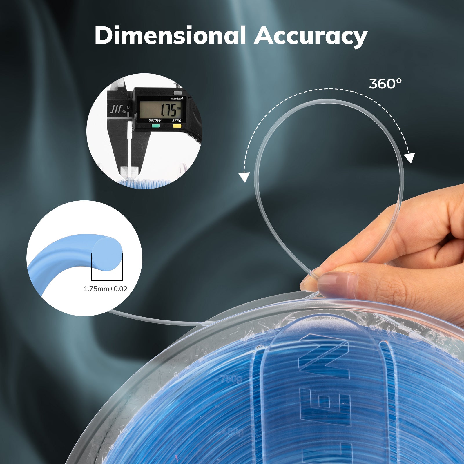 Amolen PETG 1.75mm filament dimensional accuracy, with a caliper measurement and 360° view.