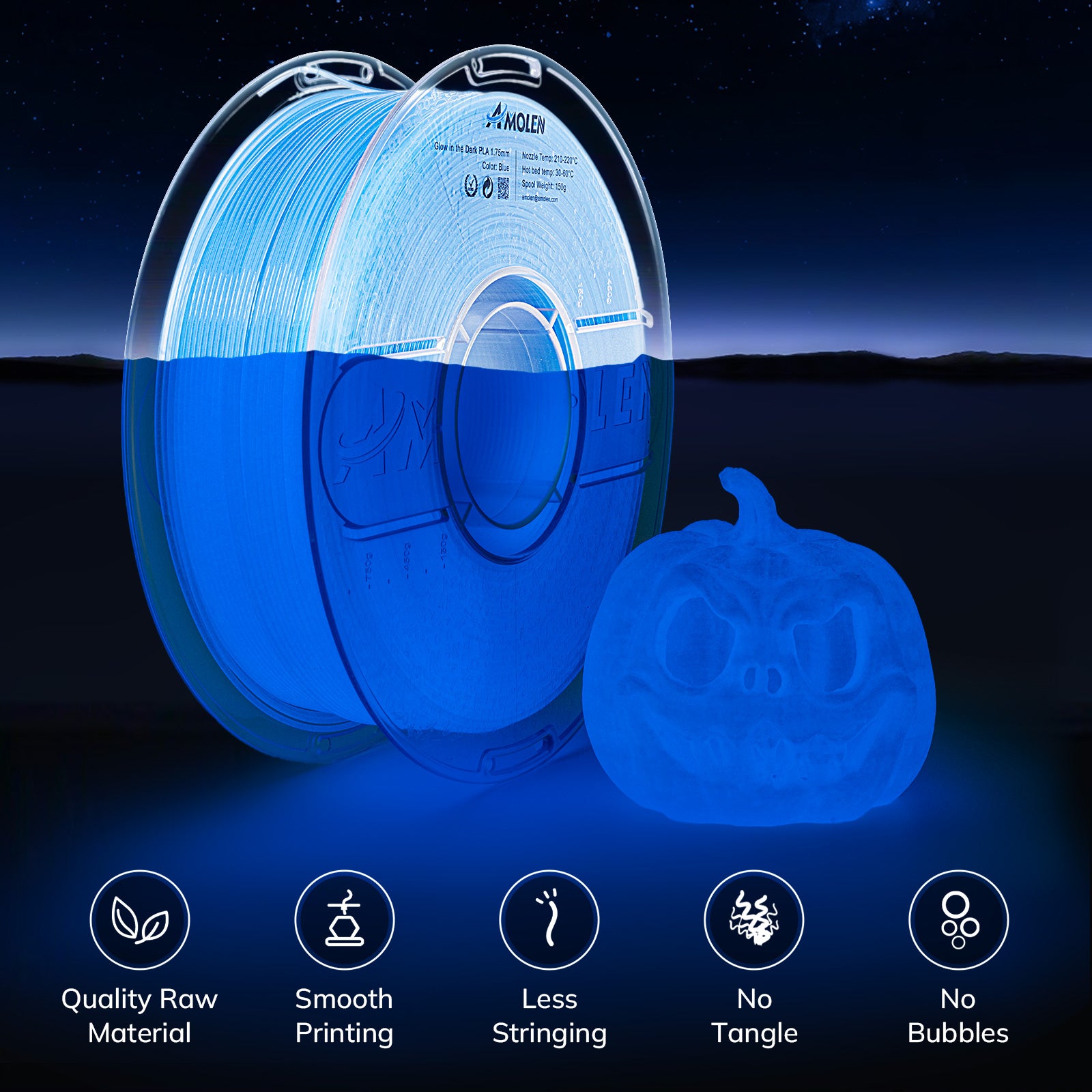 Glow in the Dark PLA Blue filament by Amolen, showcasing a glowing 3D-printed pumpkin for Halloween or projects.