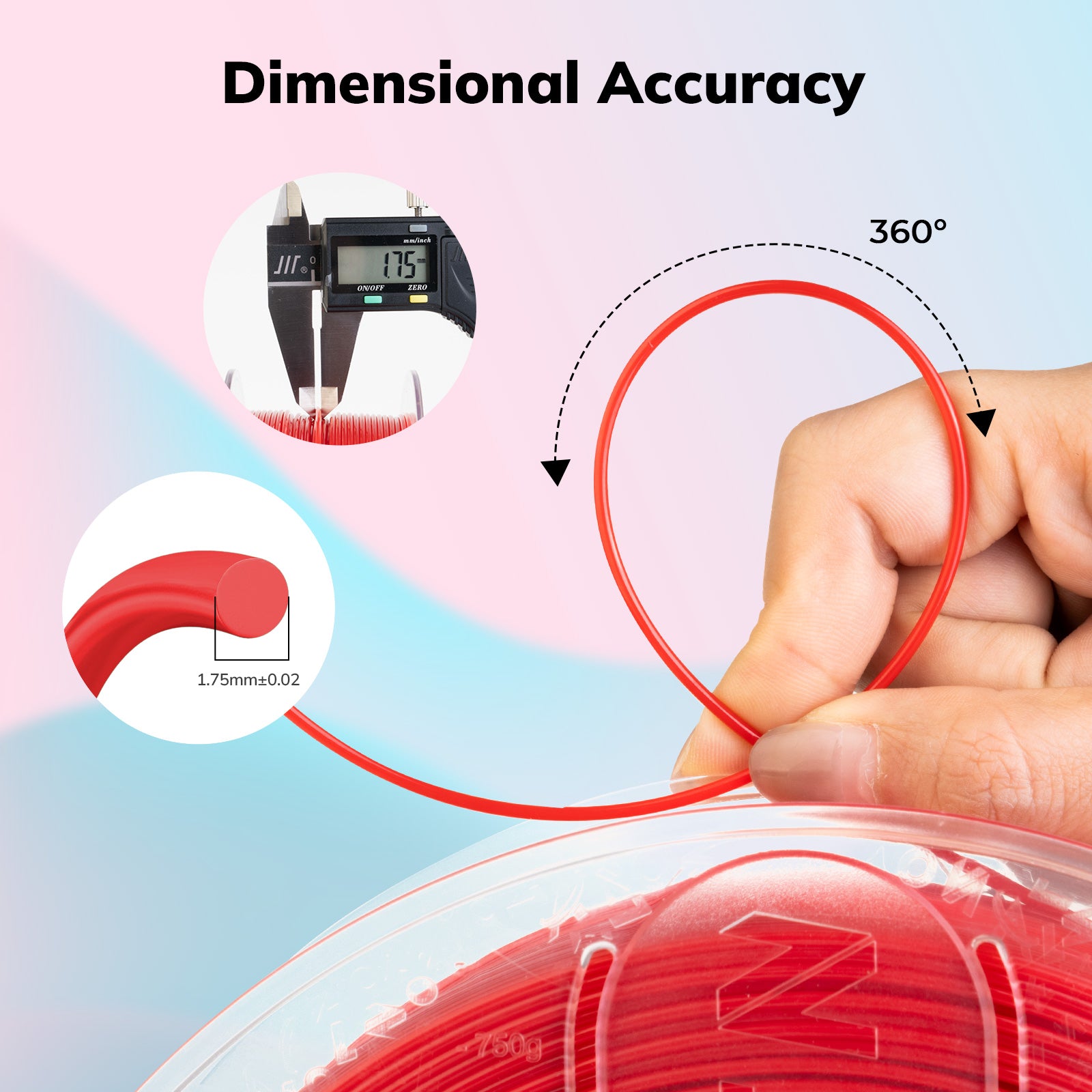 Red PETG 1.75mm filament dimensional accuracy check with a caliper, demonstrating high-quality 3D printing material, 750g