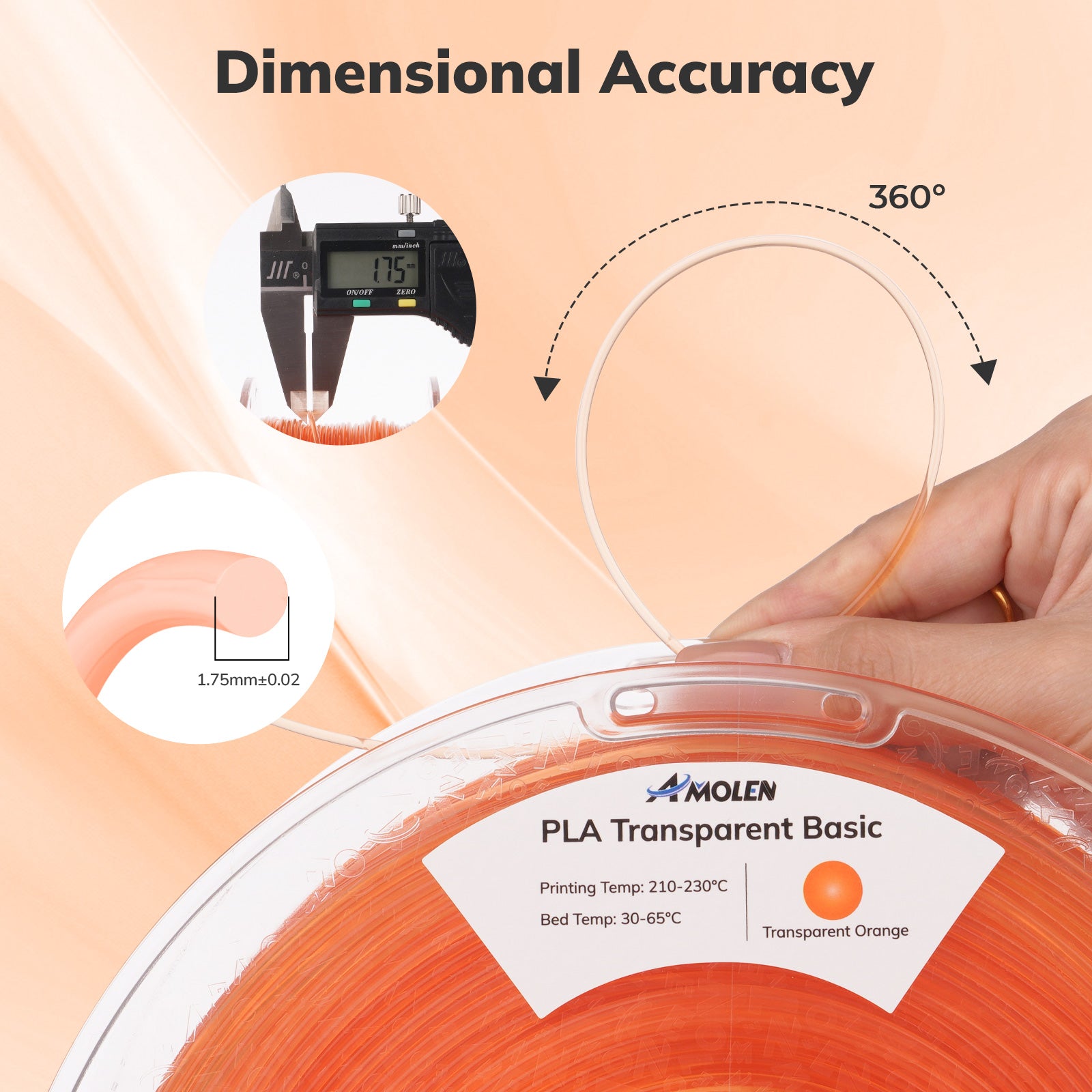 Amolen Transparent Orange PLA filament dimensional accuracy, 1.75mm. Accurate 3D printing material.