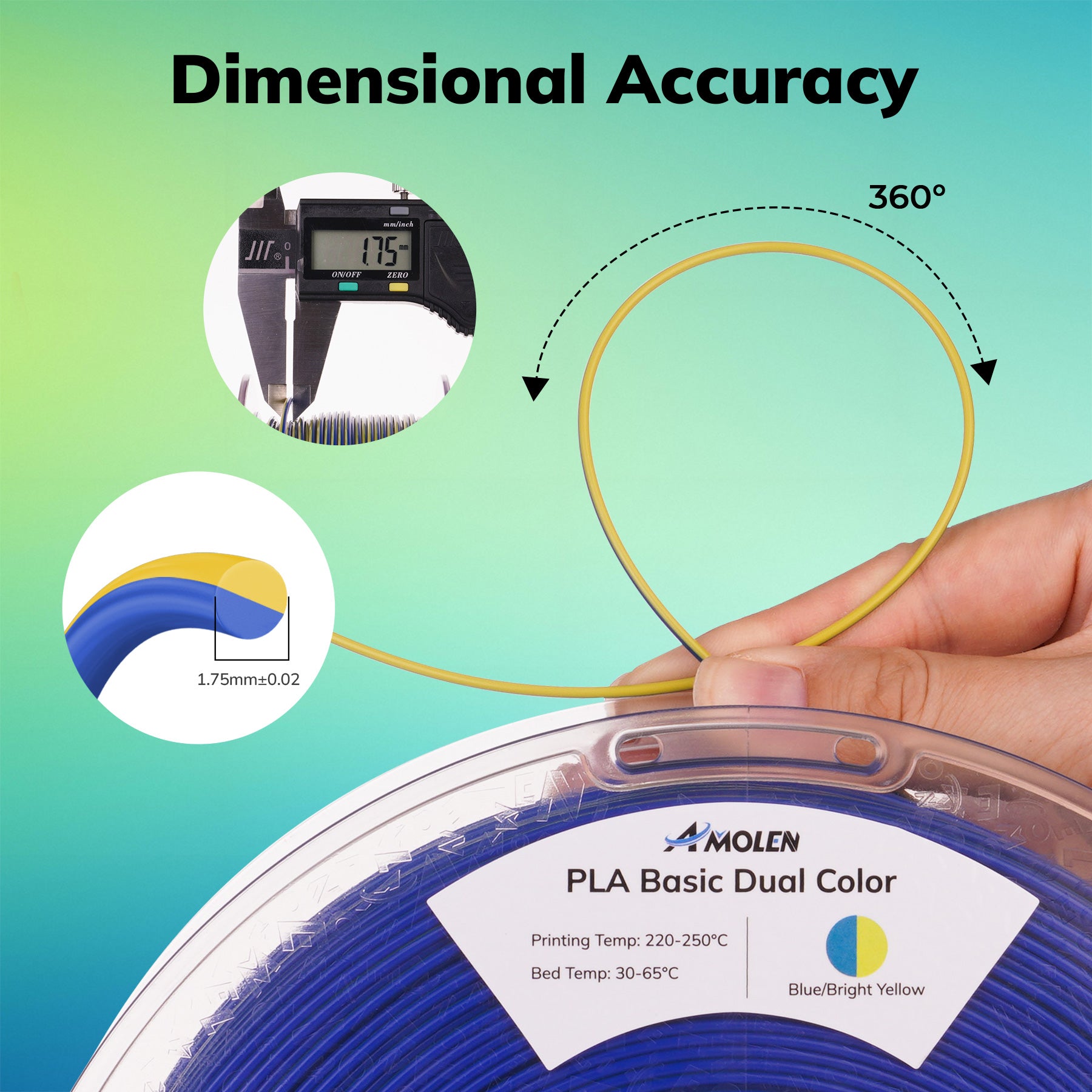 Amolen PLA Dual Color filament, 1.75mm diameter, Blue/Bright Yellow, for 3D printing, showcasing accuracy.