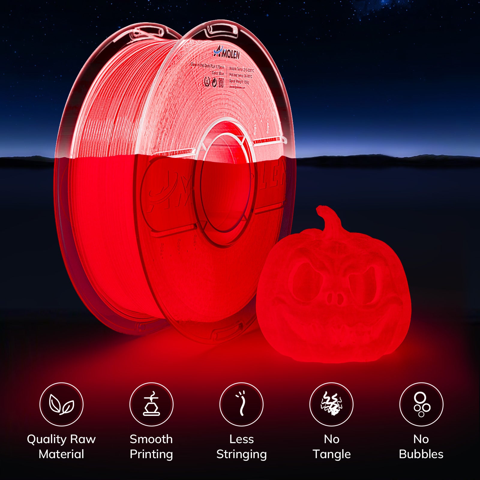 Glow-in-the-dark blue PLA filament and glowing pumpkin by Amolen, ideal for 3D printing Halloween projects. Features: quality, smooth print.