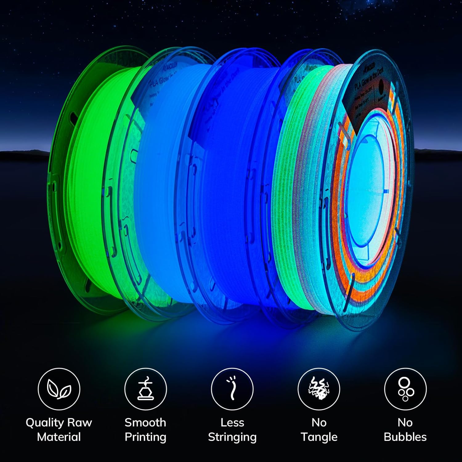Glow in the Dark PLA filament variety pack from Amolen, offering smooth printing and tangle-free 3D printing experience.