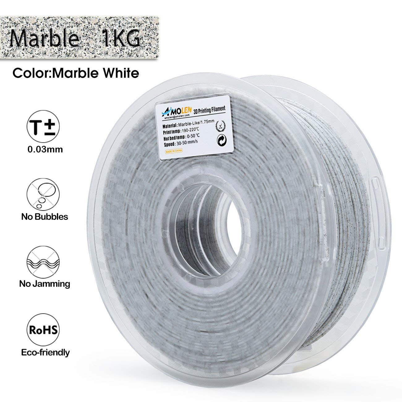 Amolen Marble White PLA filament spool, 1.75mm, 1KG, marble texture, ideal for 3D printing, eco-friendly material.