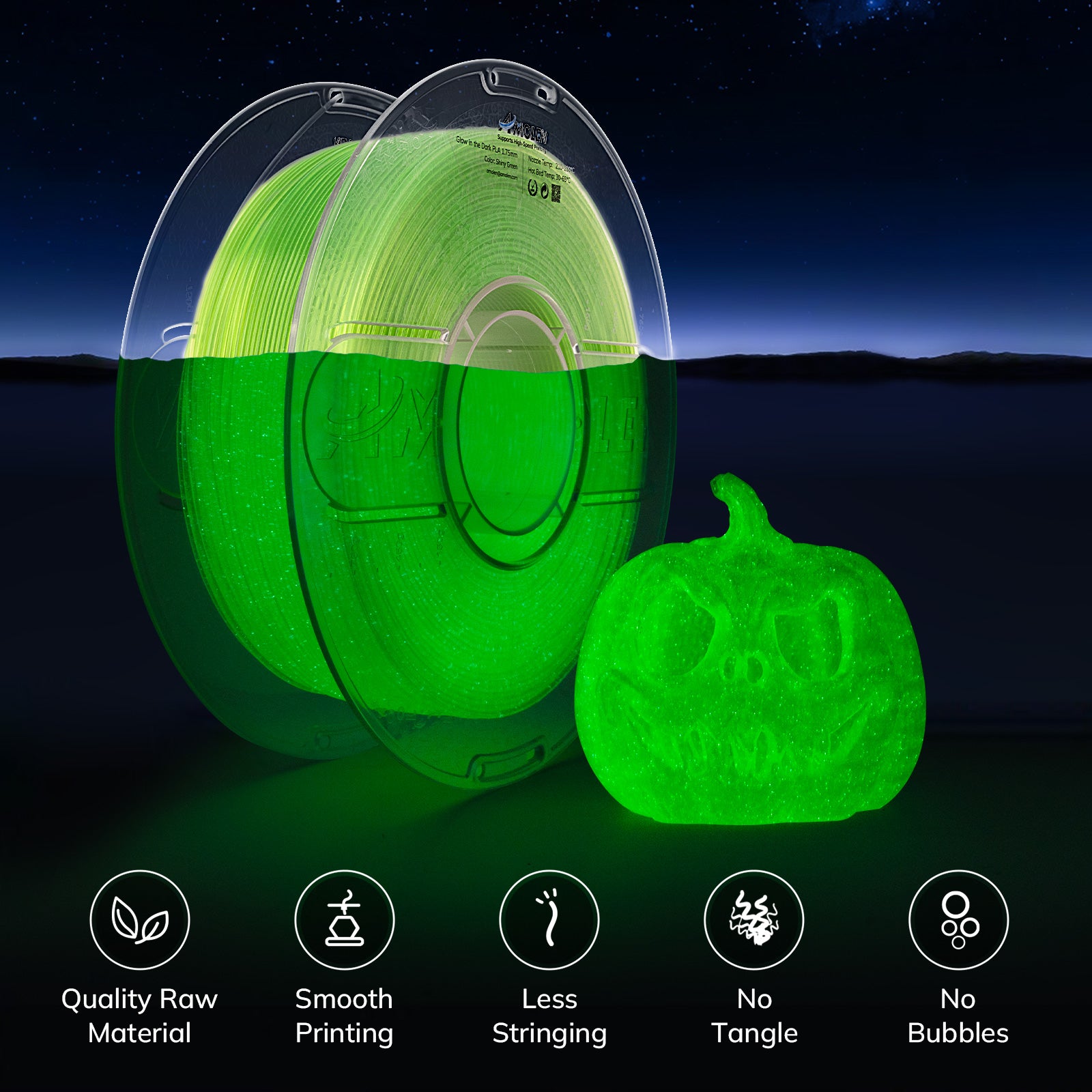Amolen Glow-in-the-Dark PLA 1.75mm Shiny Green filament and a 3D-printed glowing pumpkin; perfect for Halloween.
