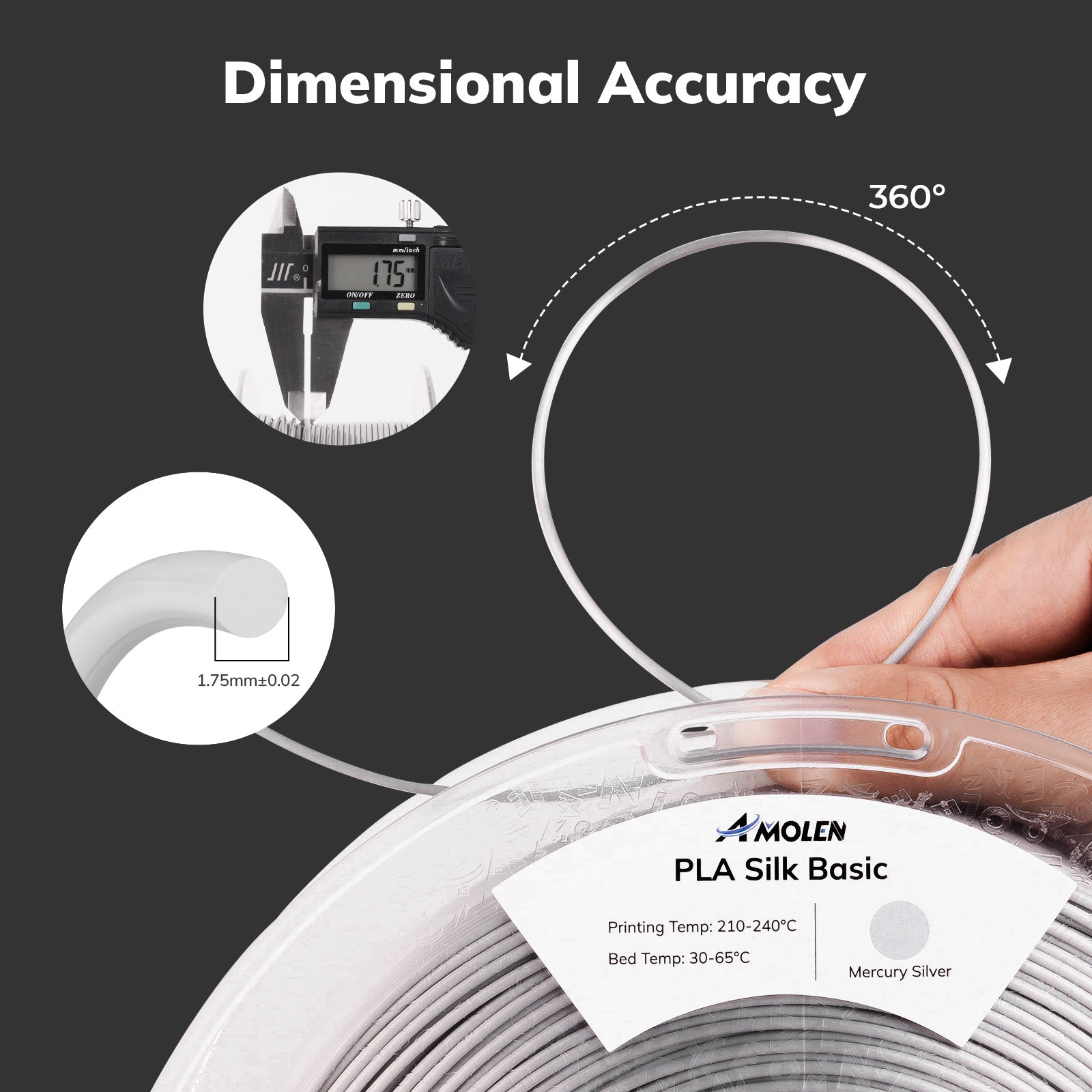 Amolen PLA Silk Basic Mercury Silver filament showing dimensional accuracy, 1.75mm diameter for 3D printing projects