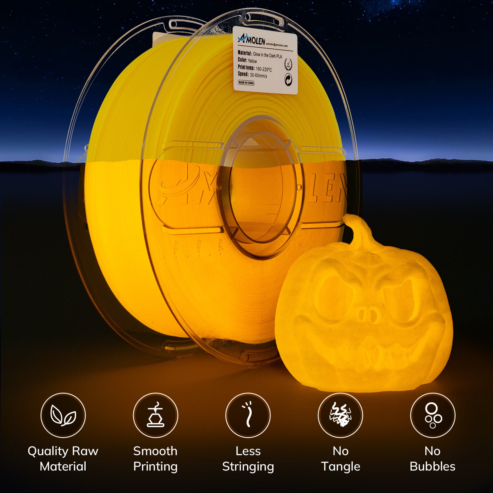 Amolen Glow-in-the-Dark Yellow PLA filament spool with a glowing 3D-printed pumpkin; ideal for Halloween.