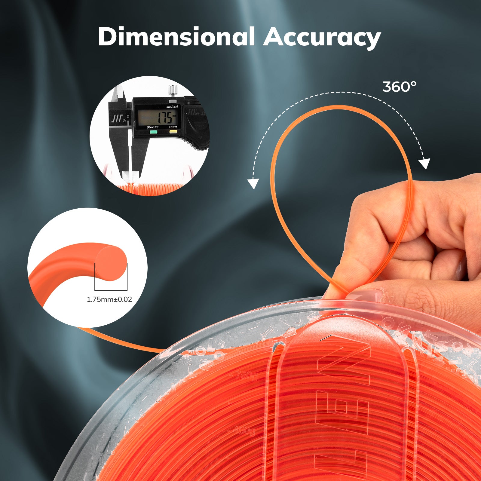 Amolen PETG 1.75mm orange filament with dimensional accuracy measured by caliper for 3D printing.