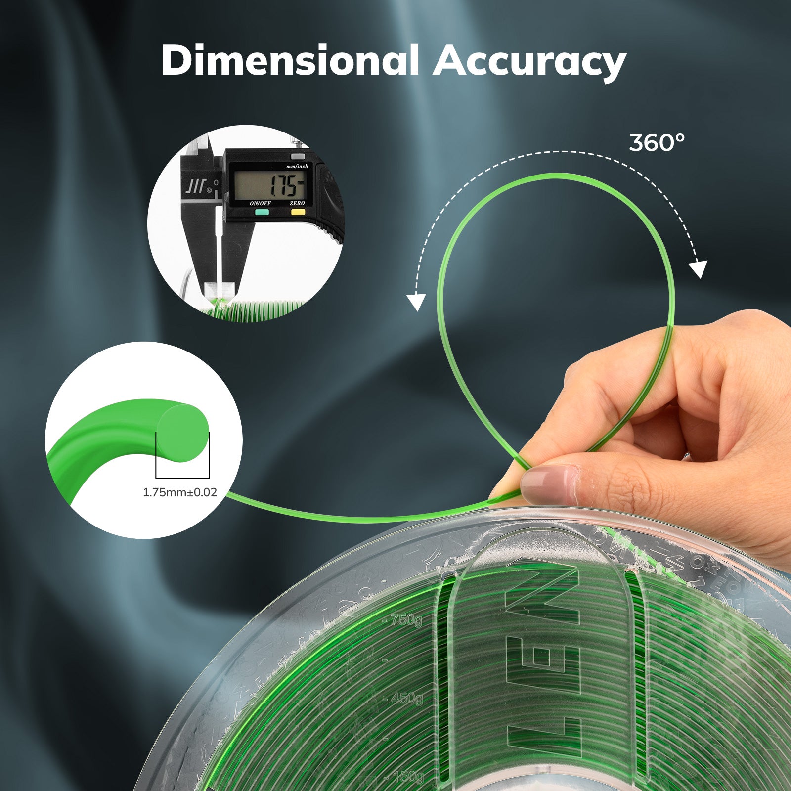 Amolen 1.75mm PETG filament dimensional accuracy test, with 1.75mm measurement for 3D printing projects.
