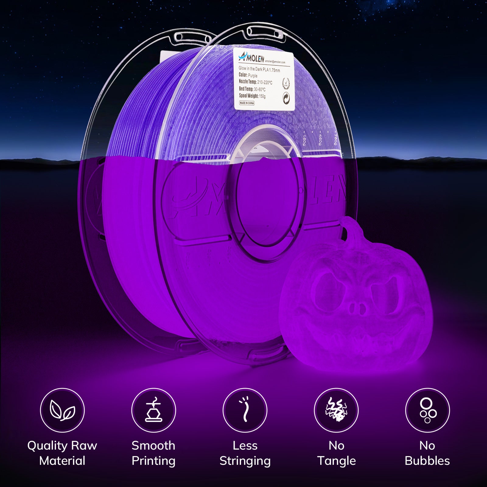 Amolen Glow in the Dark Purple PLA filament spool and glowing 3D pumpkin, ideal for Halloween projects.