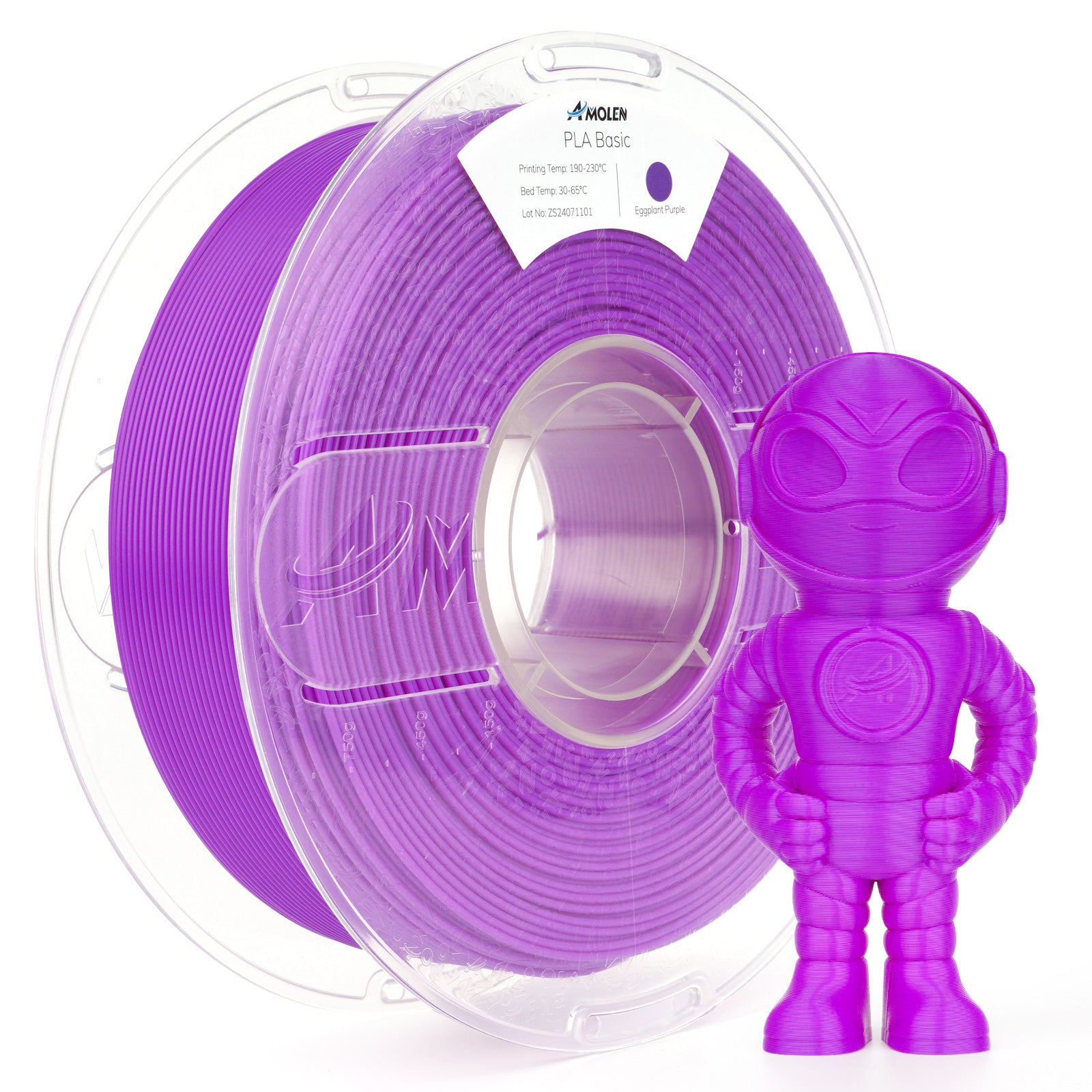Amolen PLA Basic Eggplant Purple filament spool with a 3D-printed figure, for high-speed printing, 1.75mm.