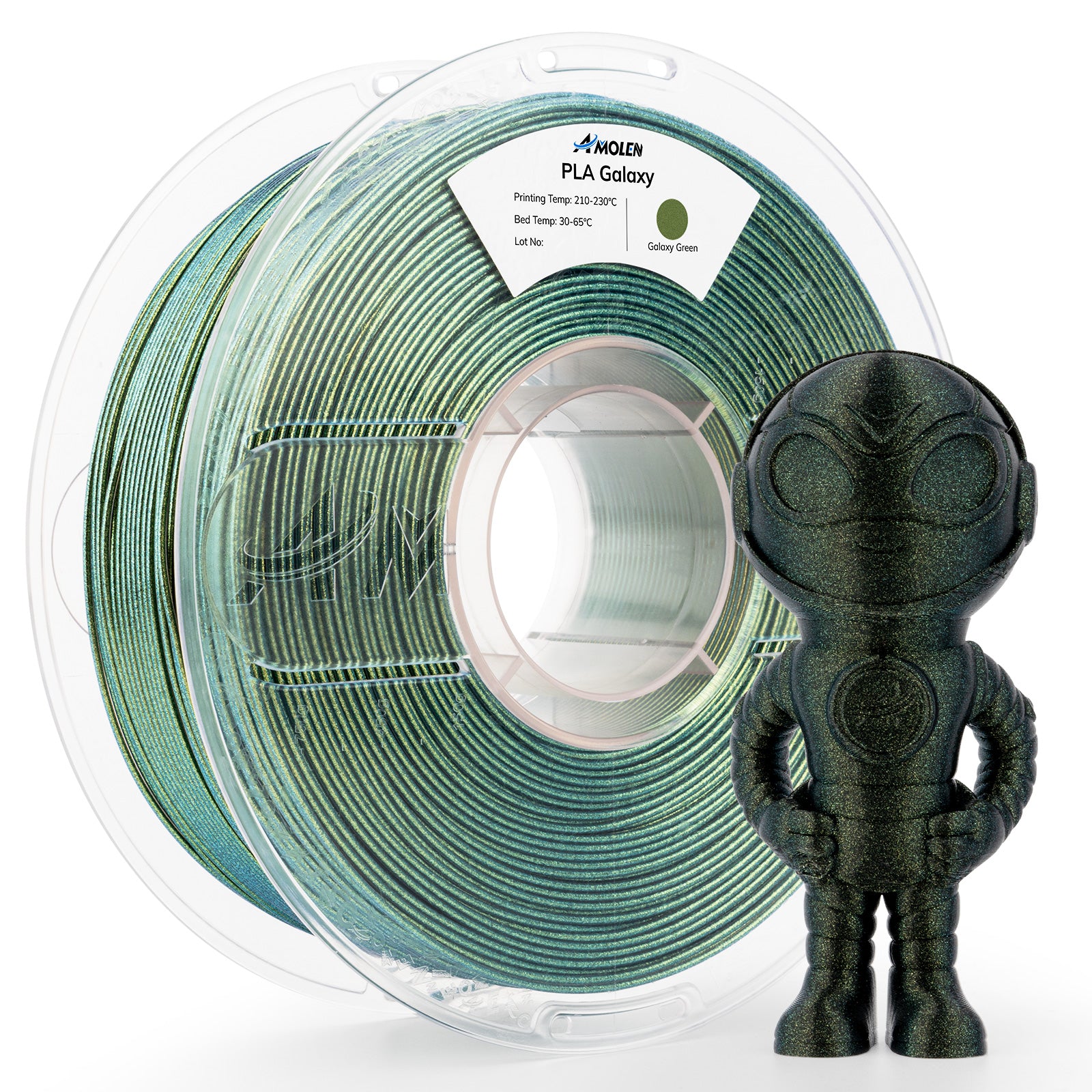 Amolen PLA Galaxy Green 1.75mm filament with 3D-printed astronaut figurine