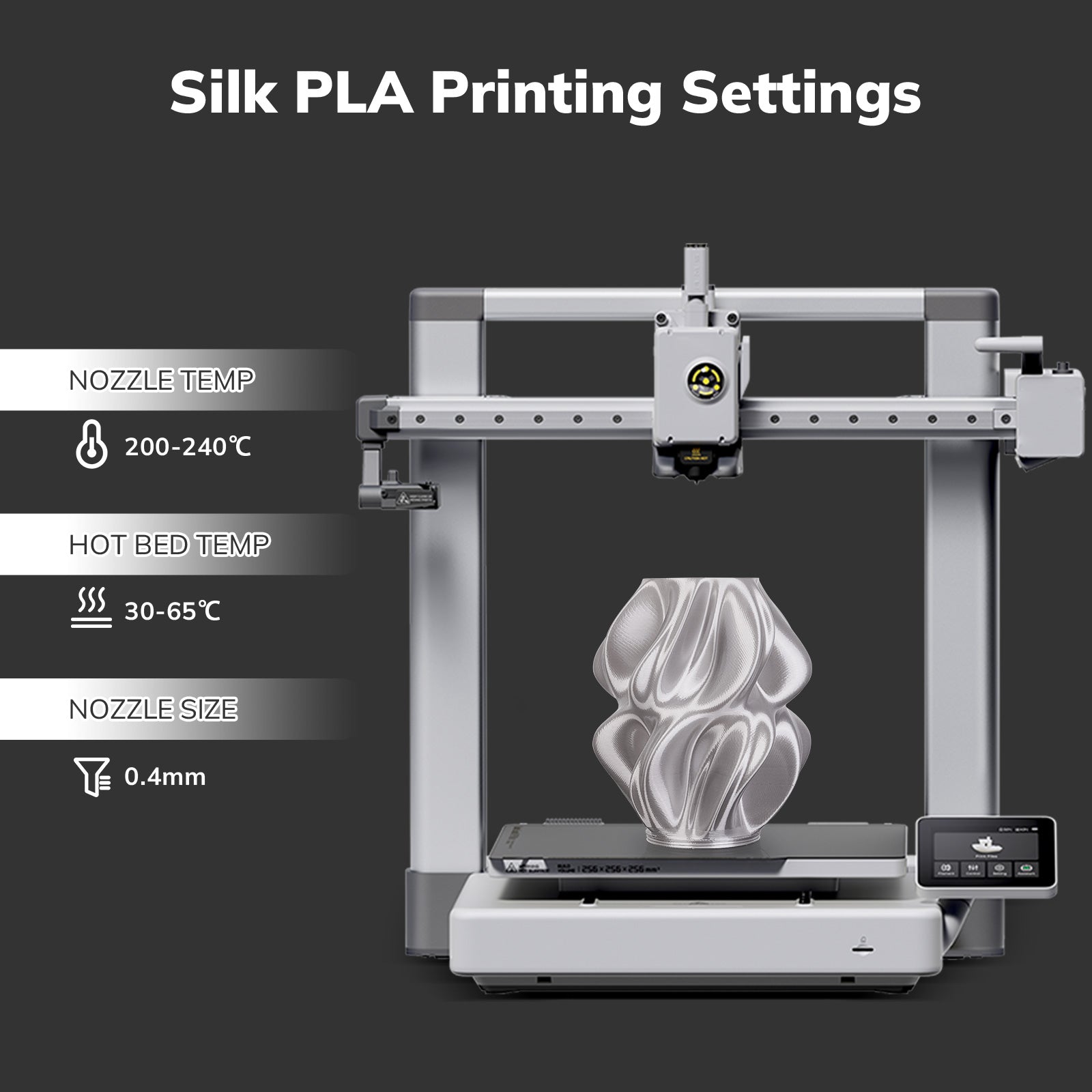 Amolen Silk PLA Printing Settings: 200-240°C nozzle, 30-65°C bed, and 0.4mm nozzle. 3D printed sculpture.