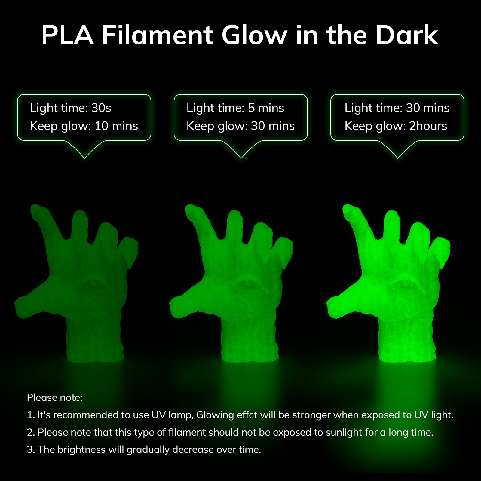PLA Glow in the Dark filament demonstration showing glow duration after different exposure times. Ideal for glow projects.