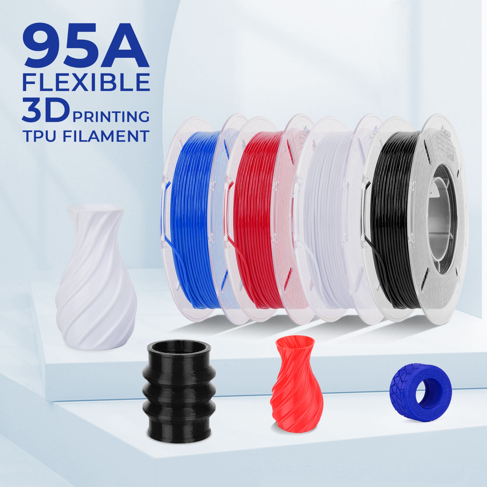 AMOLEN TPU Flexible Filament Variety Pack with blue, red, white, and black spools, alongside 3D printed parts.