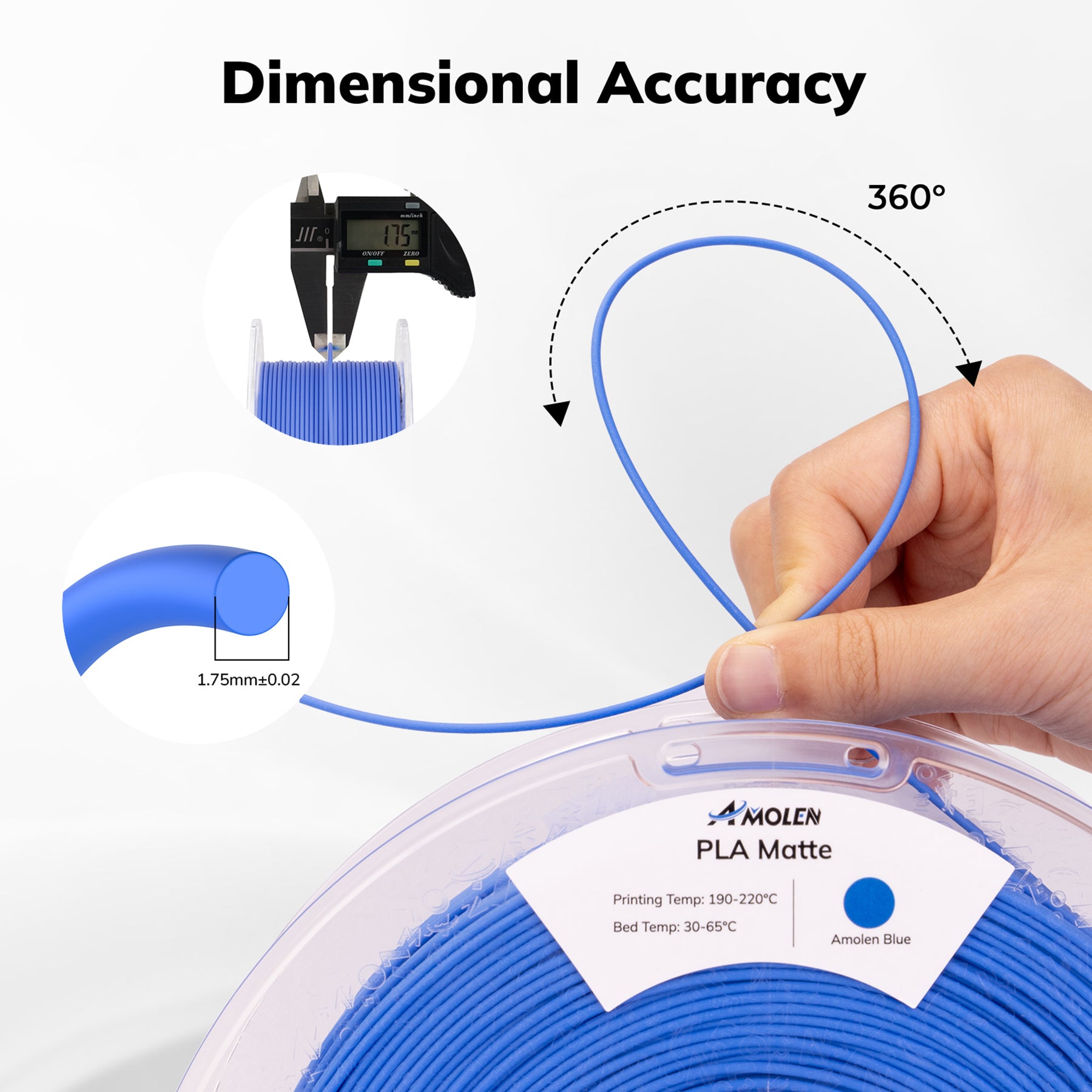 Amolen PLA Matte Blue 1.75mm filament with dimensional accuracy tested by caliper, ideal for 3D printing projects.
