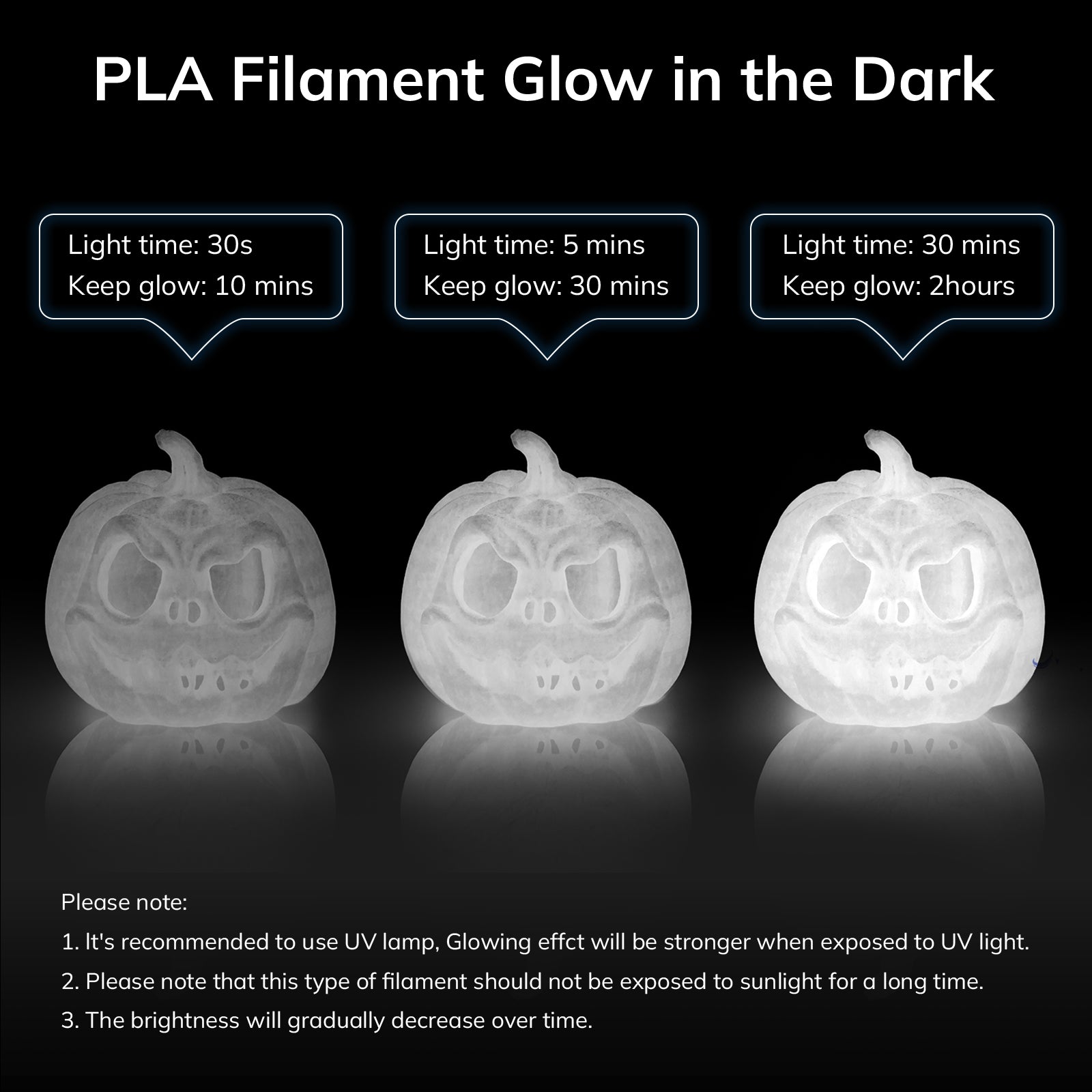 Glow in the dark PLA filament test, showcasing 3D-printed pumpkins with varying glow times. Great for Halloween projects.