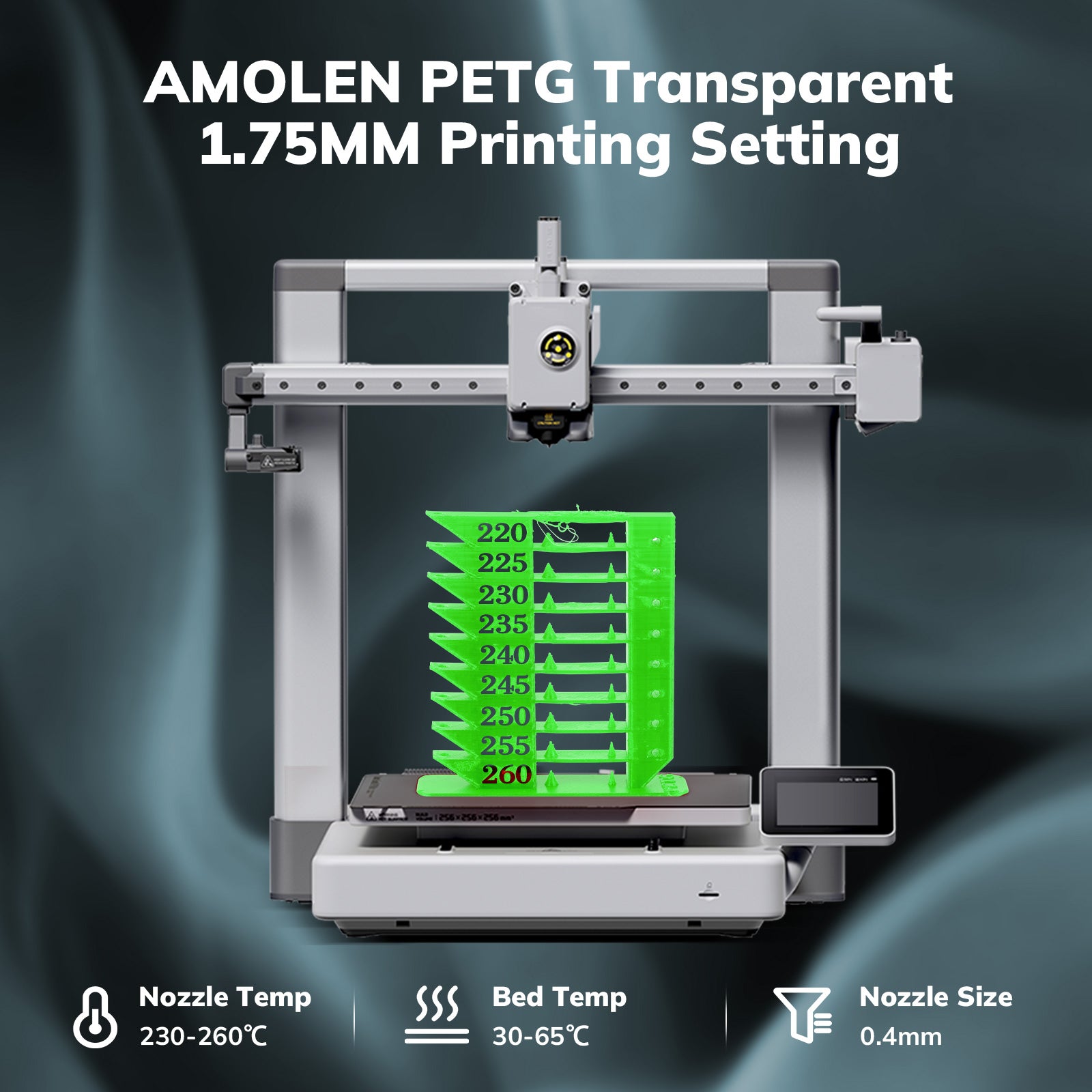 Amolen PETG Transparent filament printing setting test with temperature tower printed on a 3D printer, 1.75mm filament.