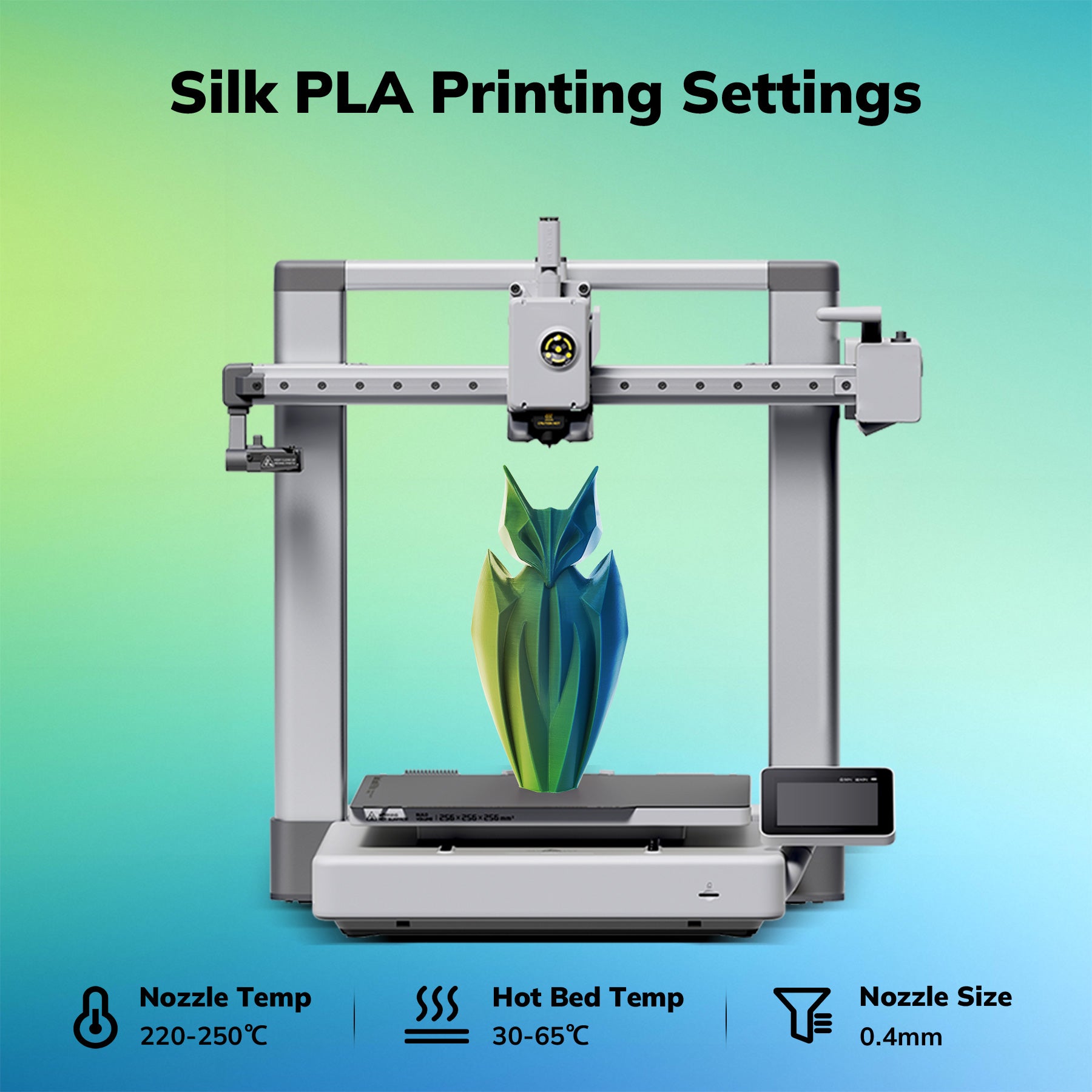 Silk PLA printing settings with a 3D printer, showcasing the printing process for a gradient-colored owl model.