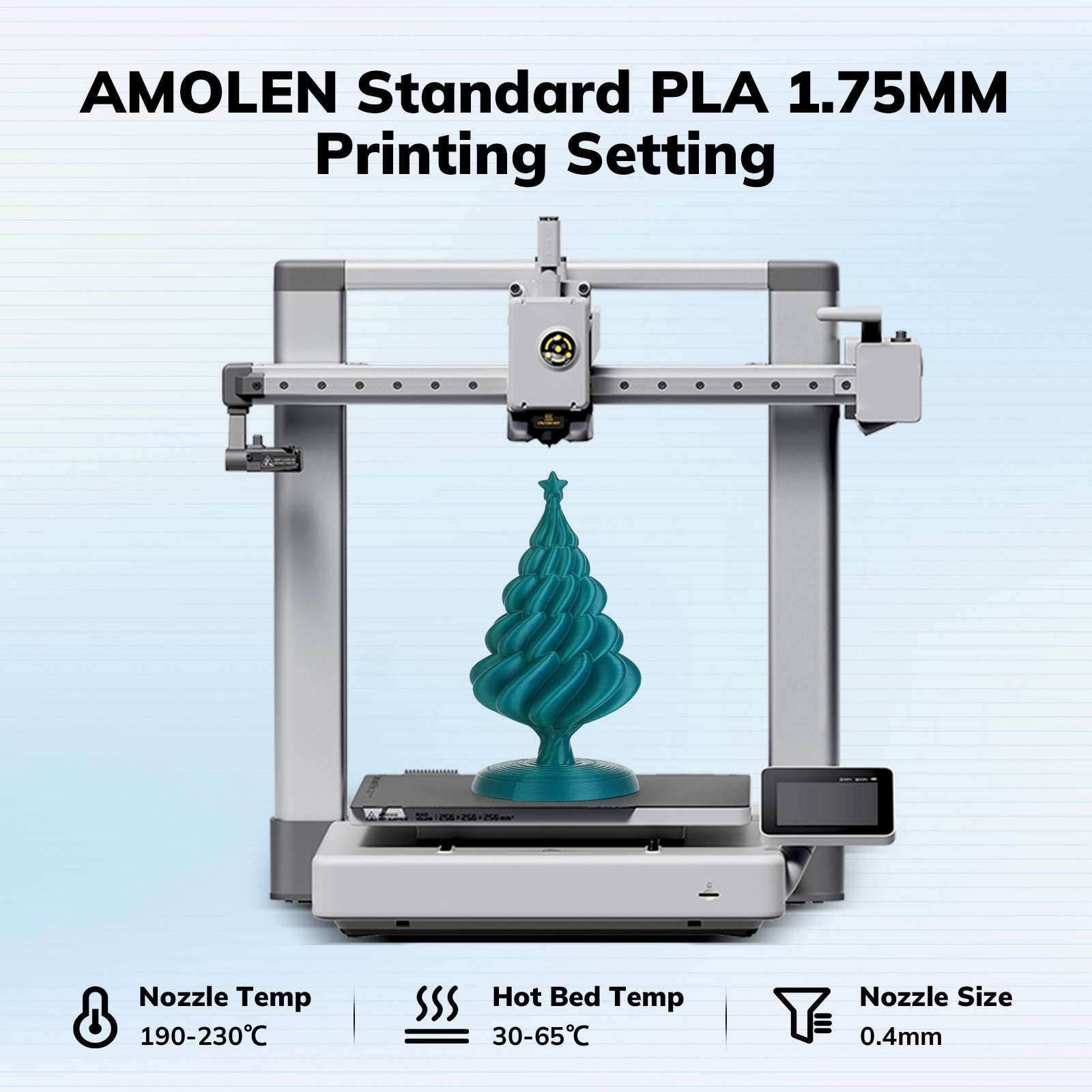 Amolen Standard PLA 1.75mm printing settings with a 3D printed tree example, includes nozzle and hot bed temperatures.