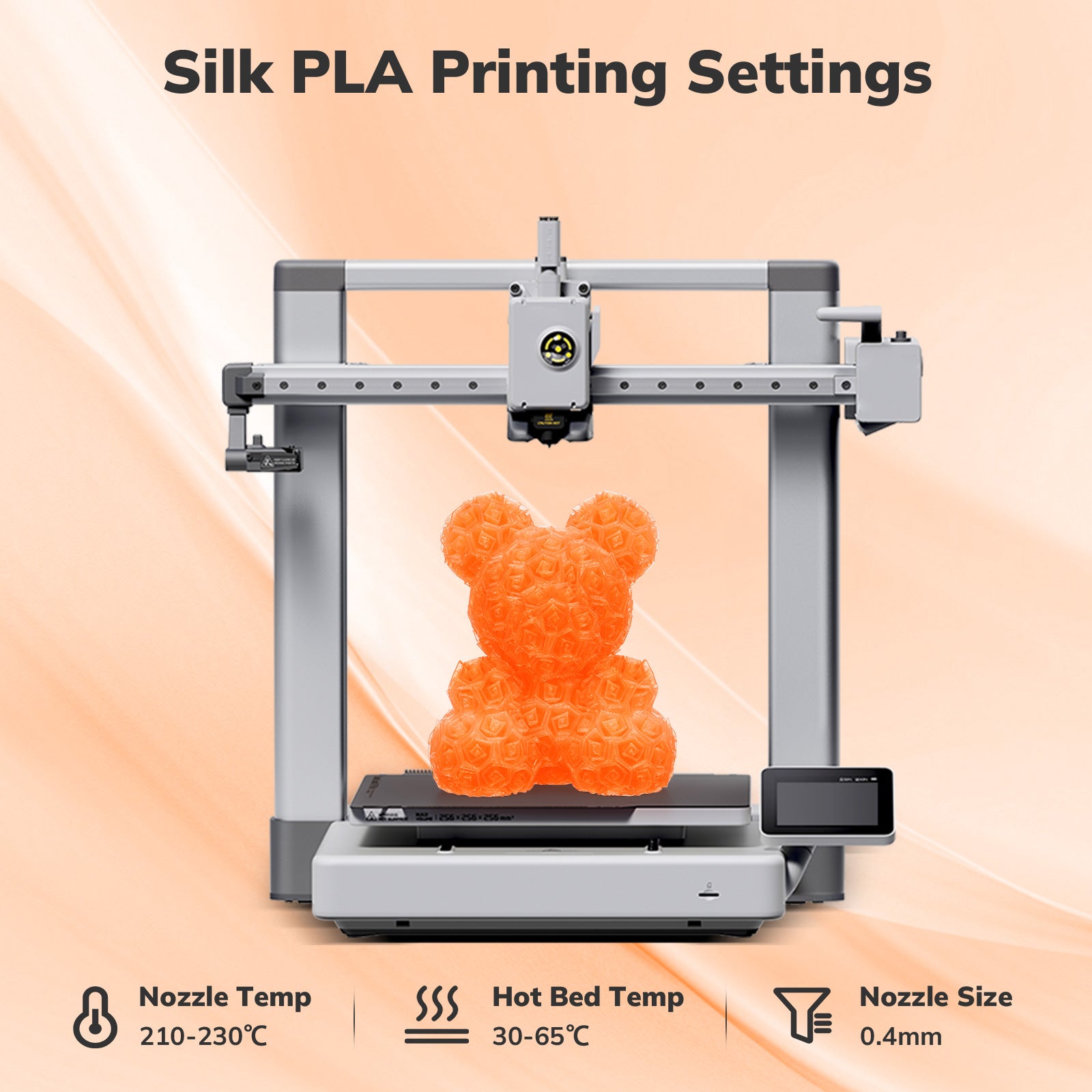 3D printing settings for Silk PLA filament: nozzle temperature 210-230°C, bed temperature 30-65°C, nozzle size 0.4mm.