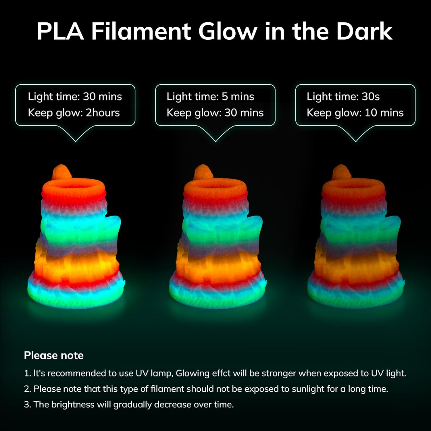 PLA Glow in the Dark filament showcasing color transition after varied light exposure times, highlighting the glow effect.