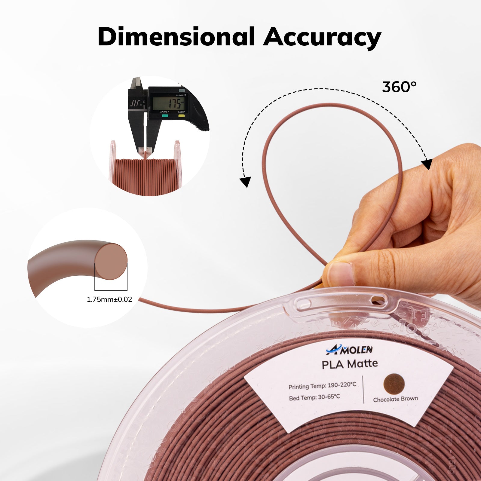 Amolen PLA Matte Chocolate Brown filament with caliper showing 1.75mm diameter and flexibility.