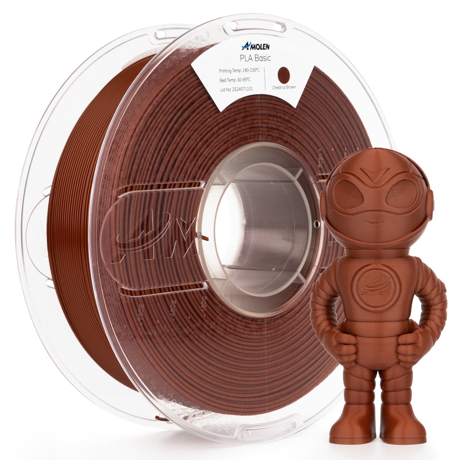 Amolen PLA Basic Chestnut Brown filament spool with 3D-printed robot figure. High-speed 3D printing material.