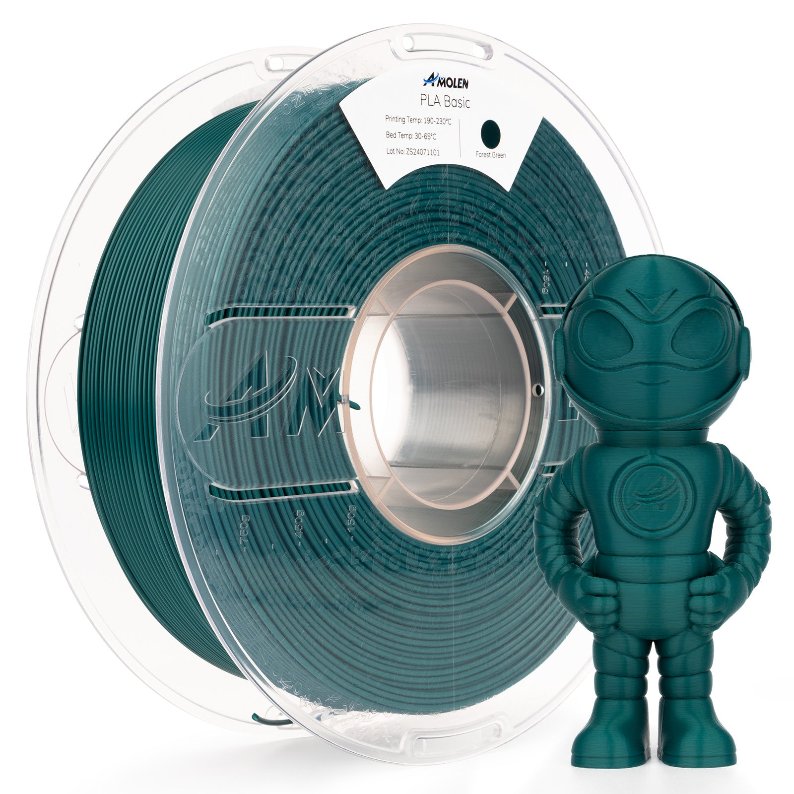 Amolen PLA Basic Forest Green filament spool and 3D-printed robot figure. High-speed 3D printing material.