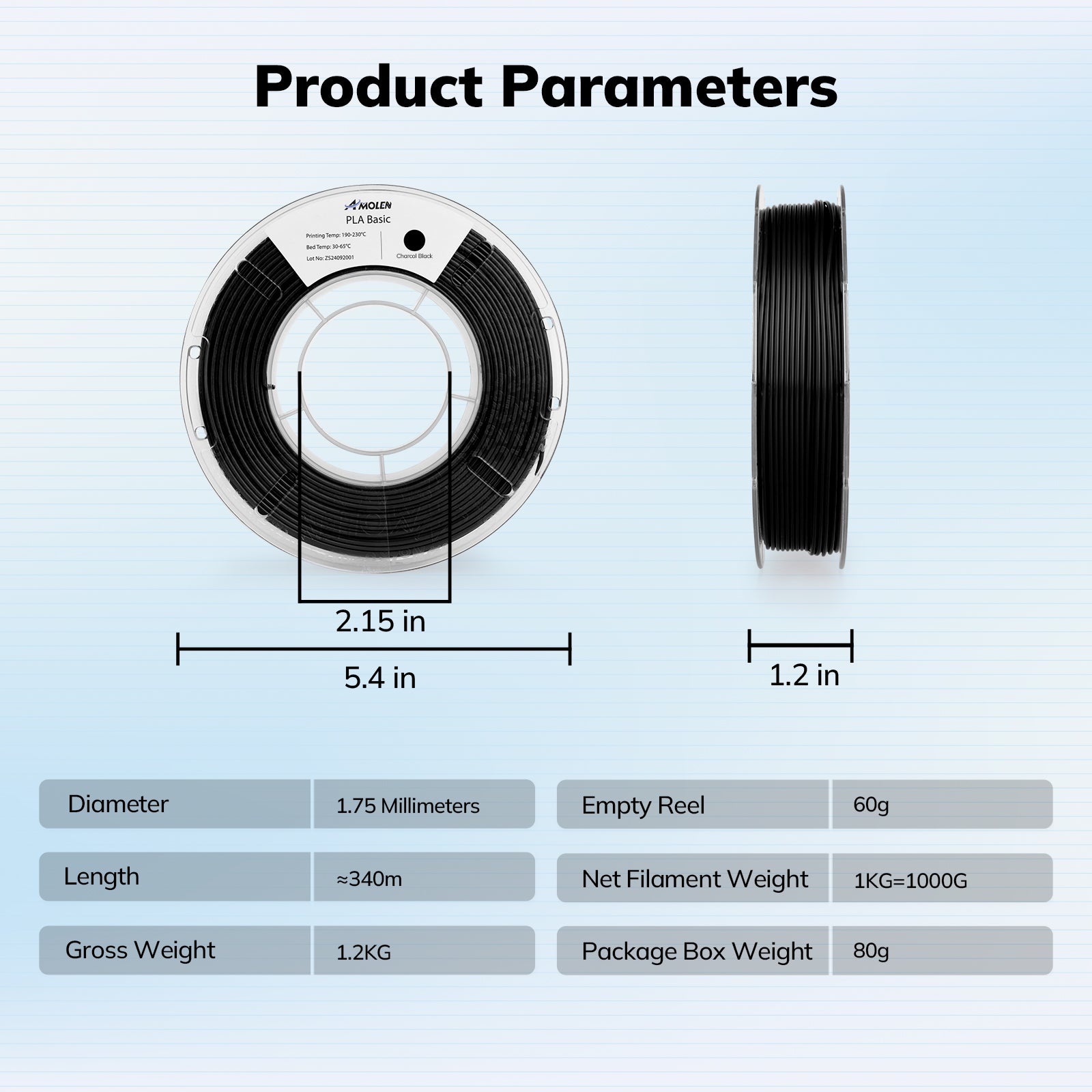 Amolen PLA Basic Filament, Charcoal Black, 1.75mm, with product dimensions and specifications.