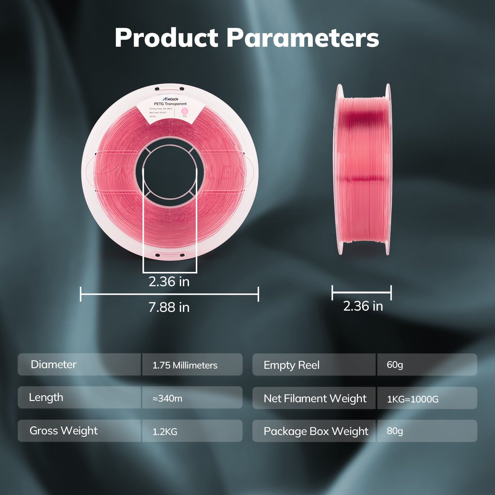 Amolen PETG Transparent Pink Filament - Product Parameters, 1.75mm spool with dimensions and printing settings.