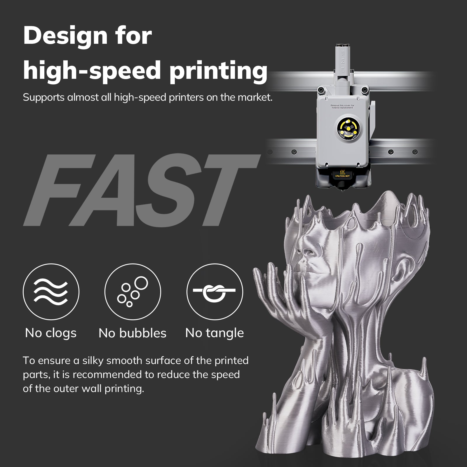 Amolen Silk PLA for high-speed 3D printing: silver sculpture, smooth finish, no clogs, bubbles, or tangles