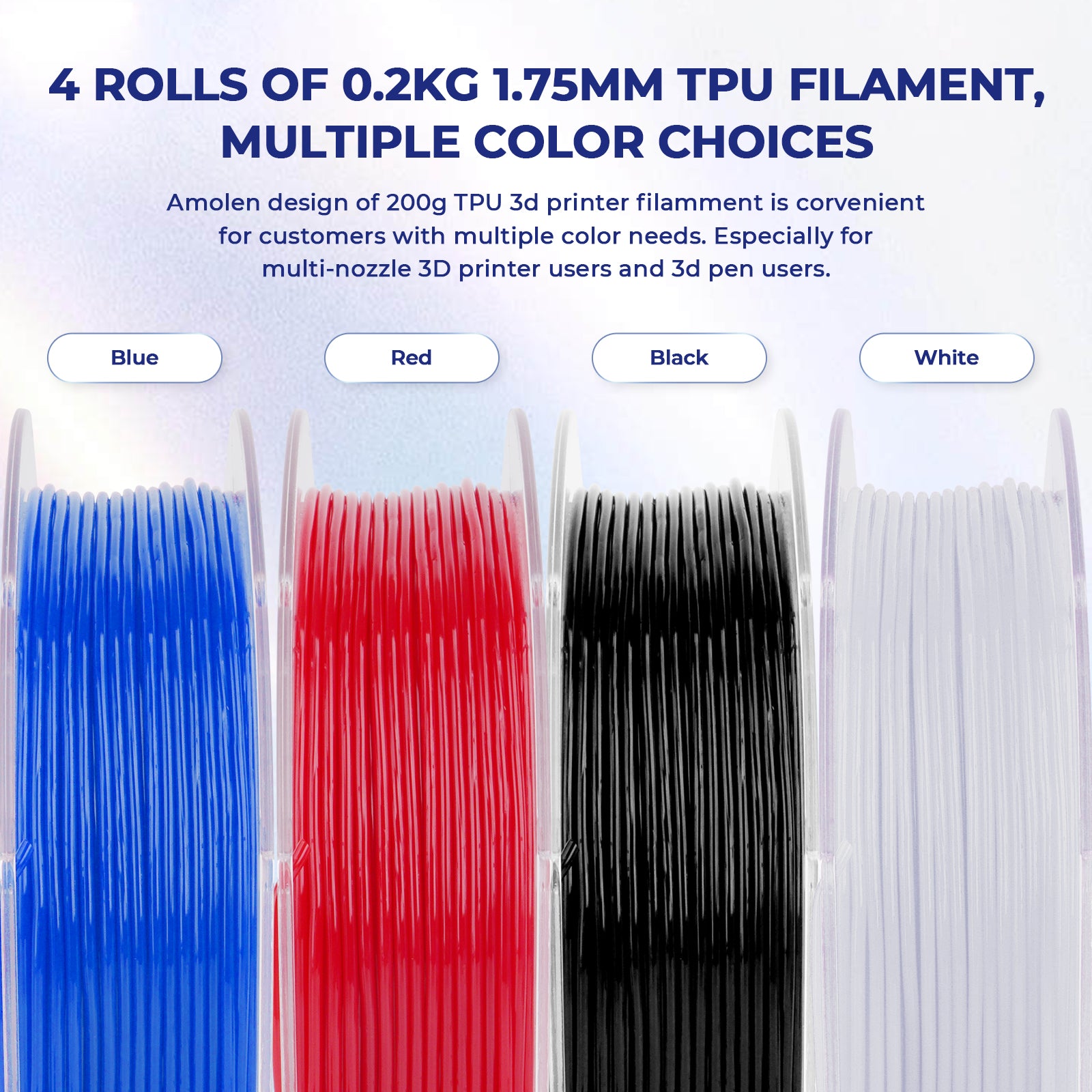 Amolen TPU Flexible Filament Variety Pack, 4 Colors: Blue, Red, Black, White, 0.2kg Spools